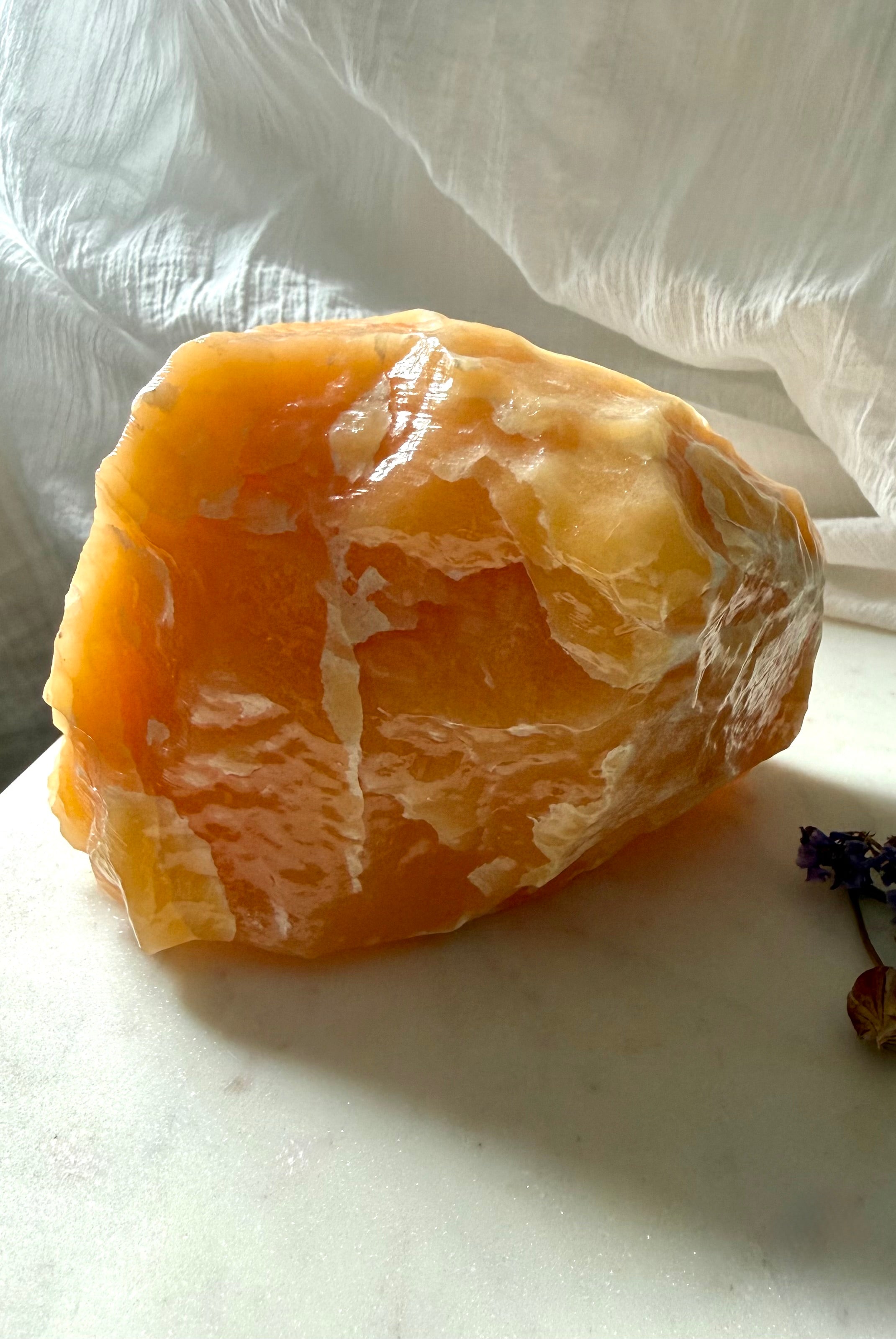 Large Orange Calcite mineral display piece from Mexico with dramatic formations and warm orange color