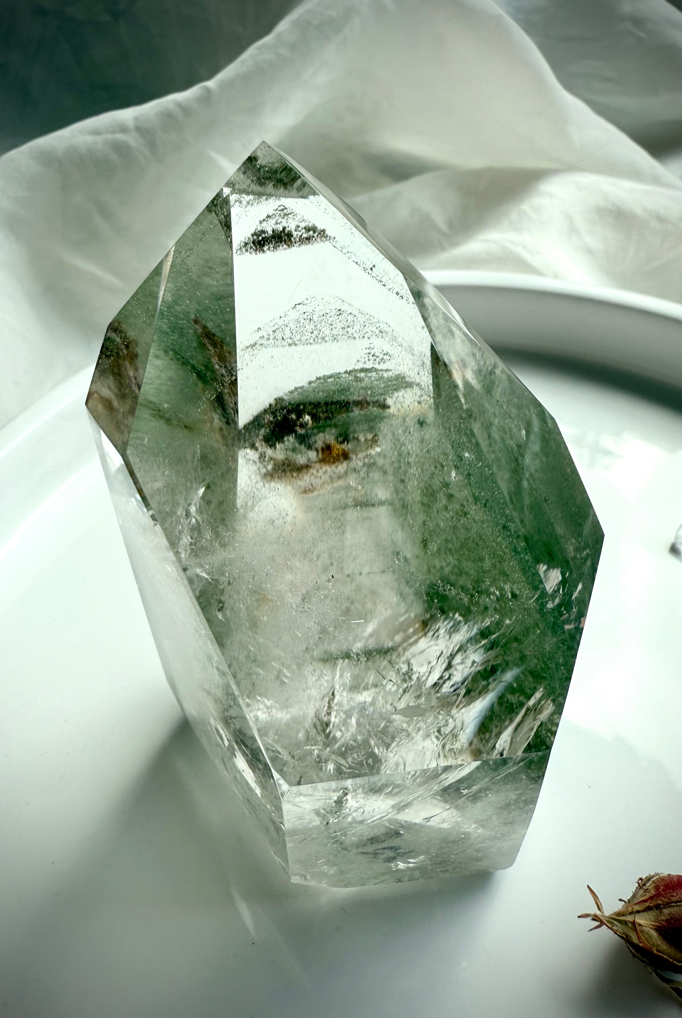 One-of-a-kind Chlorite Phantom Garden Quartz tower with scenic green inclusions and exceptional clarity