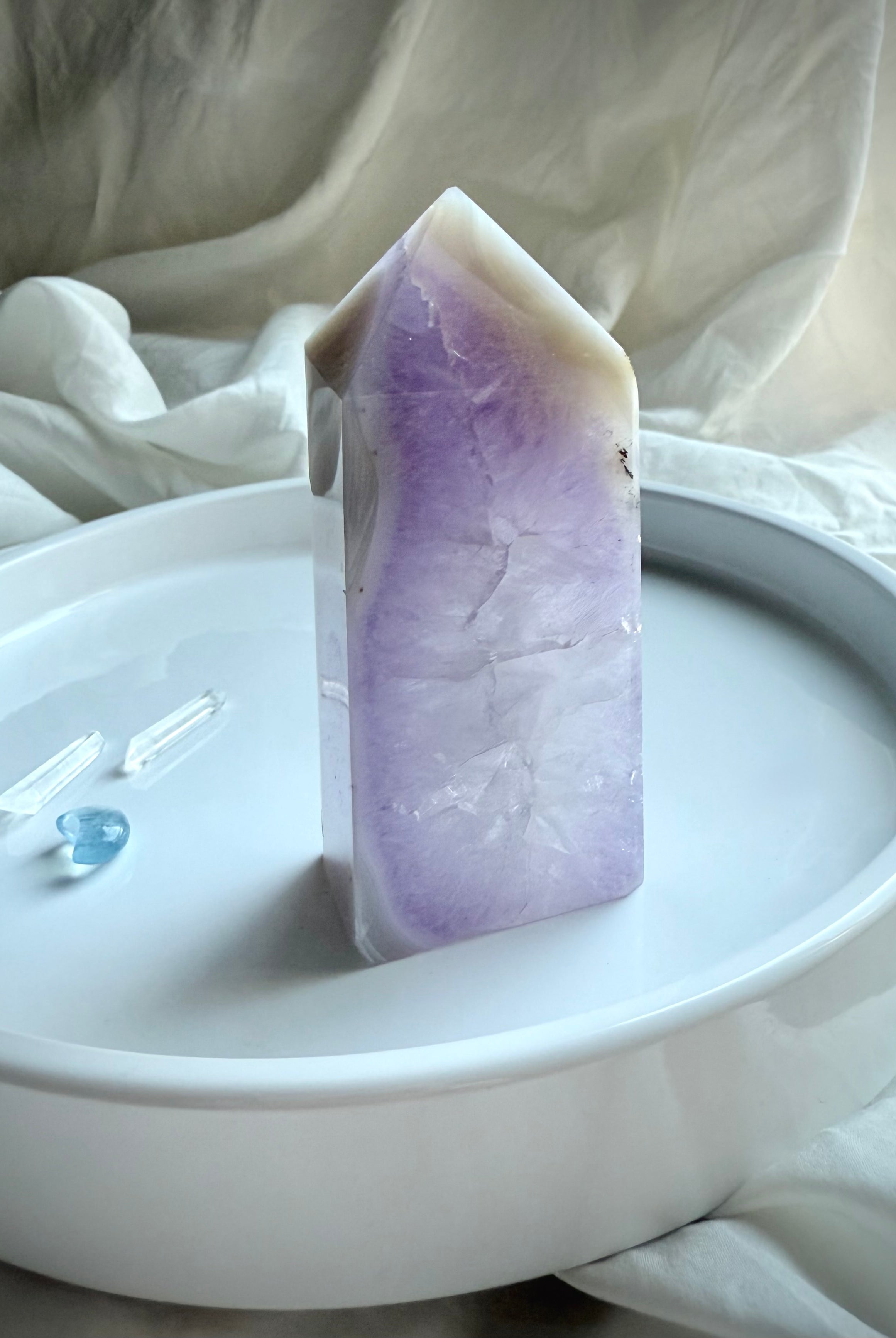 Four-sided Amethyst Geode Tower showing natural crystal core and agate banding
