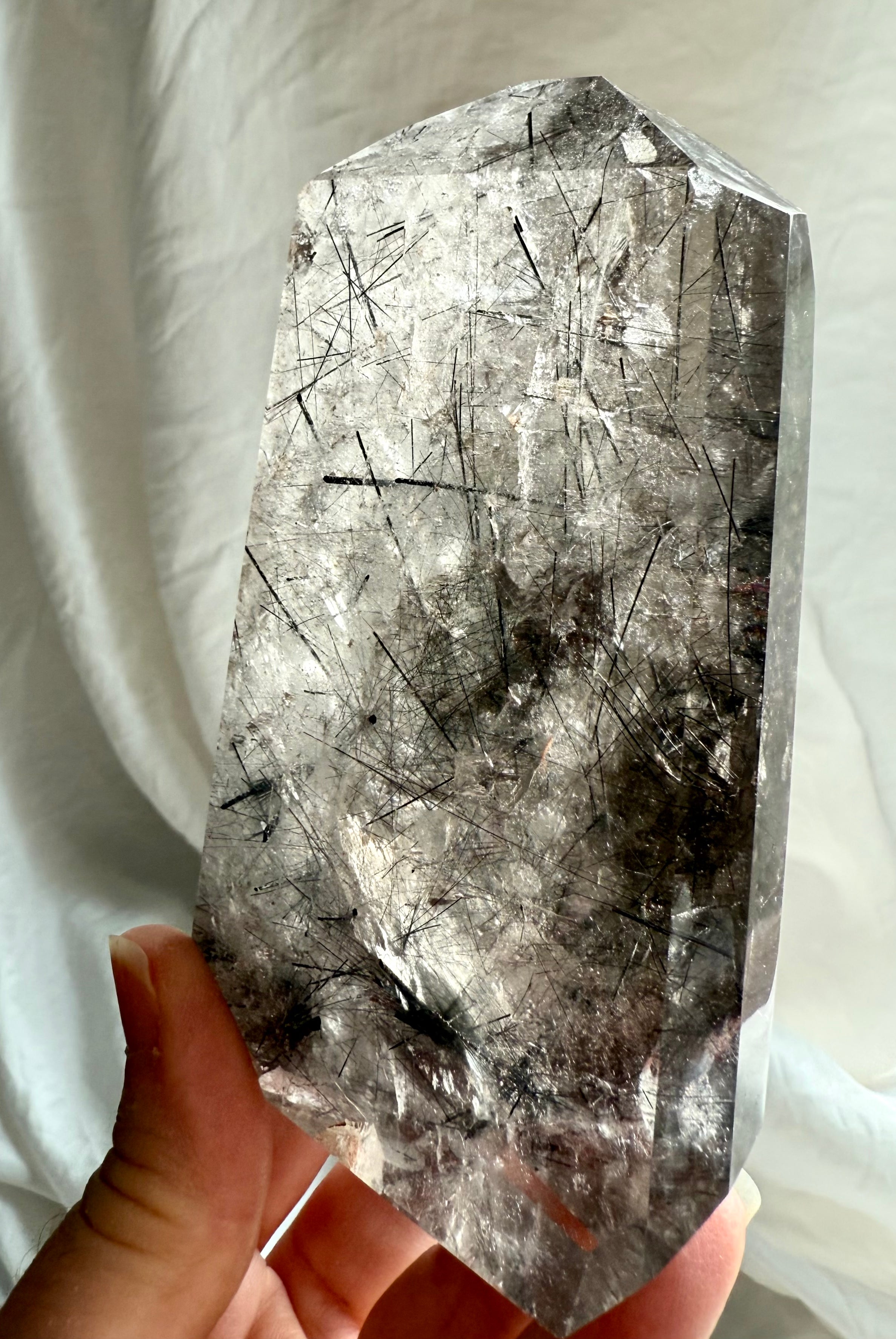 One of a kind Tourmalinated Quartz statement crystal tower for altar decor and meditation spaces
