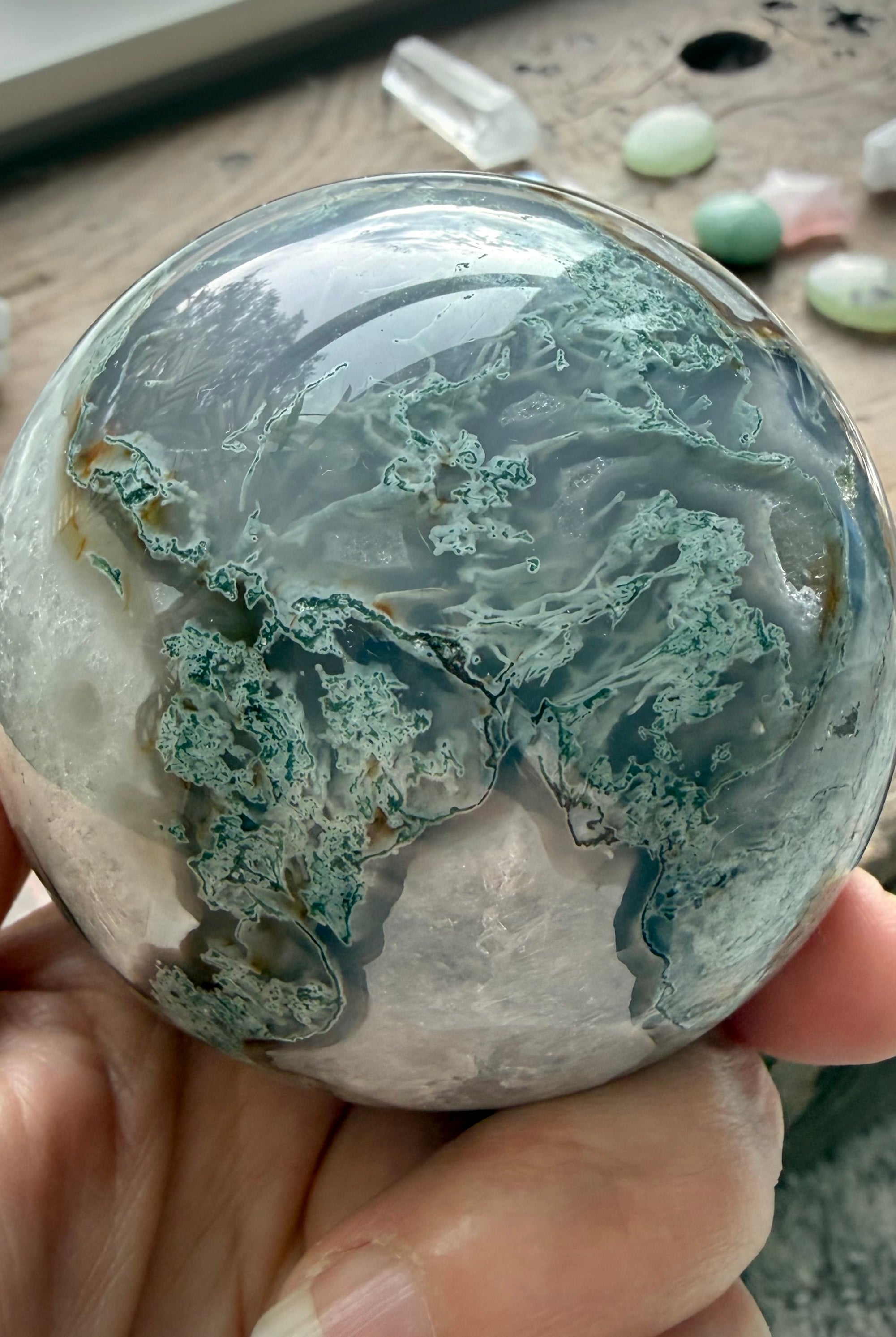 Moss Agate sphere with Quartz veins, druzy crystal details, and natural green landscape patterns