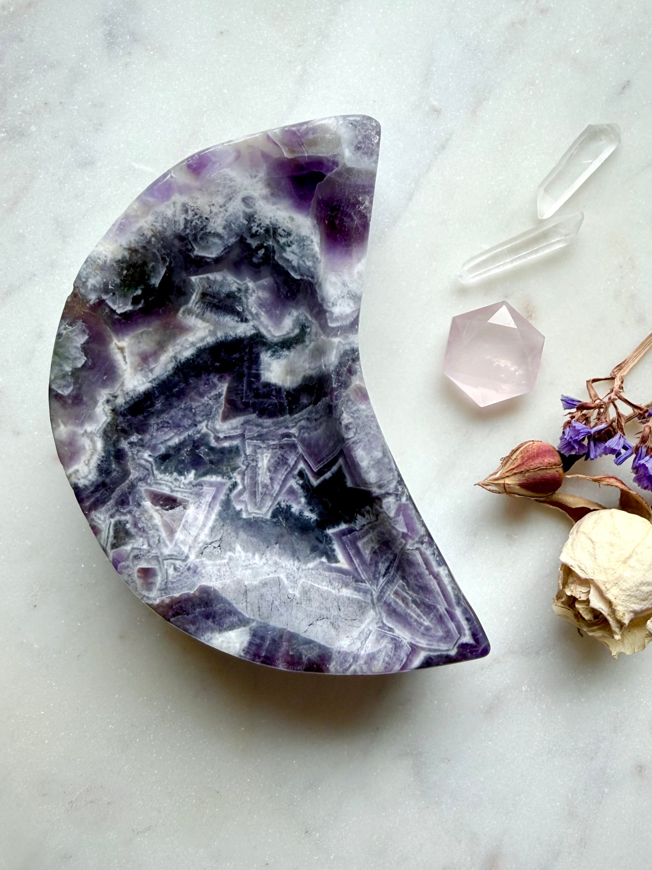 Chevron Amethyst crescent moon bowl with natural purple and white banding, crystal dish for cleansing and charging