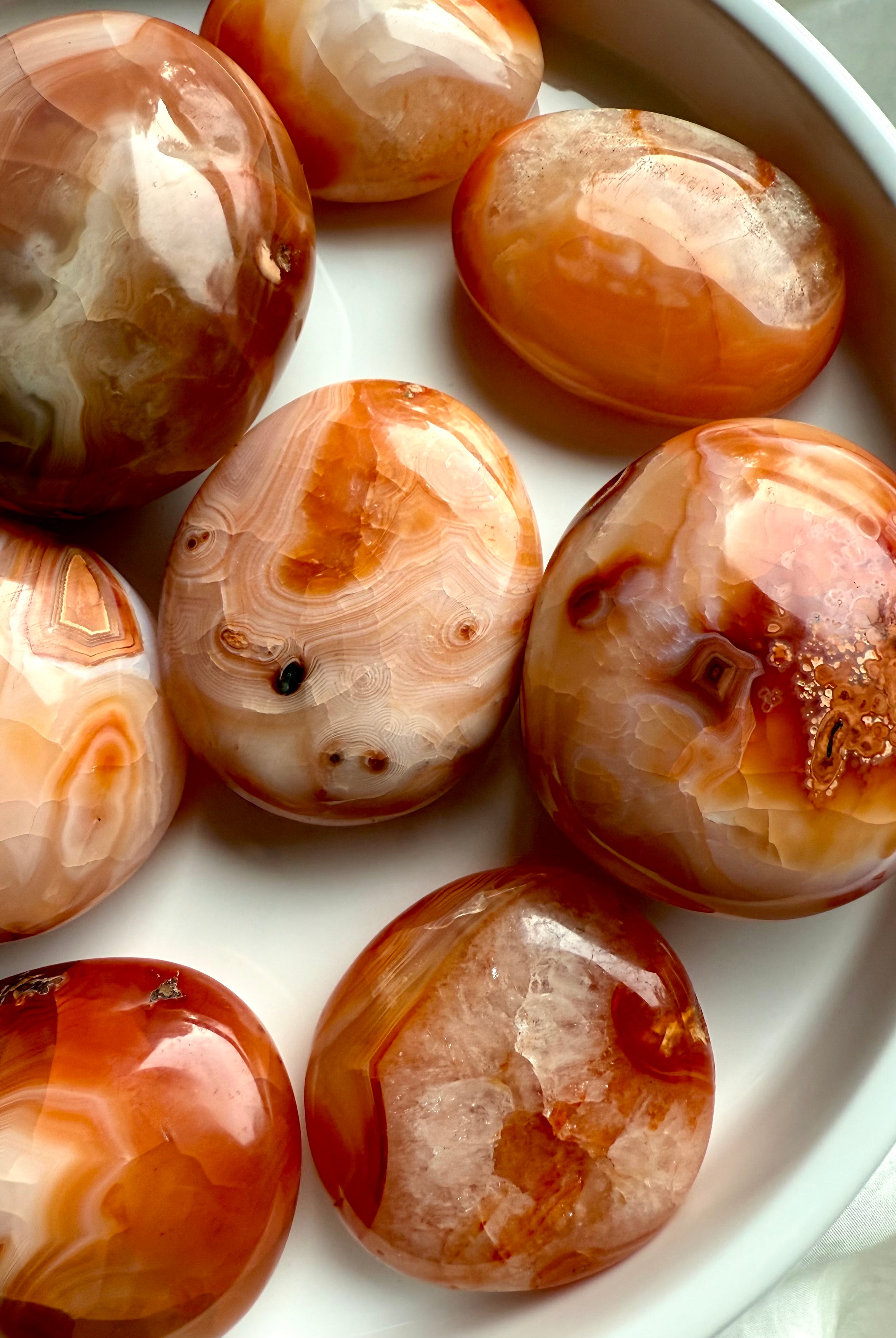 Carnelian palm stones with glossy polish + natural druzy — crystal healing tools for emotional balance + strength