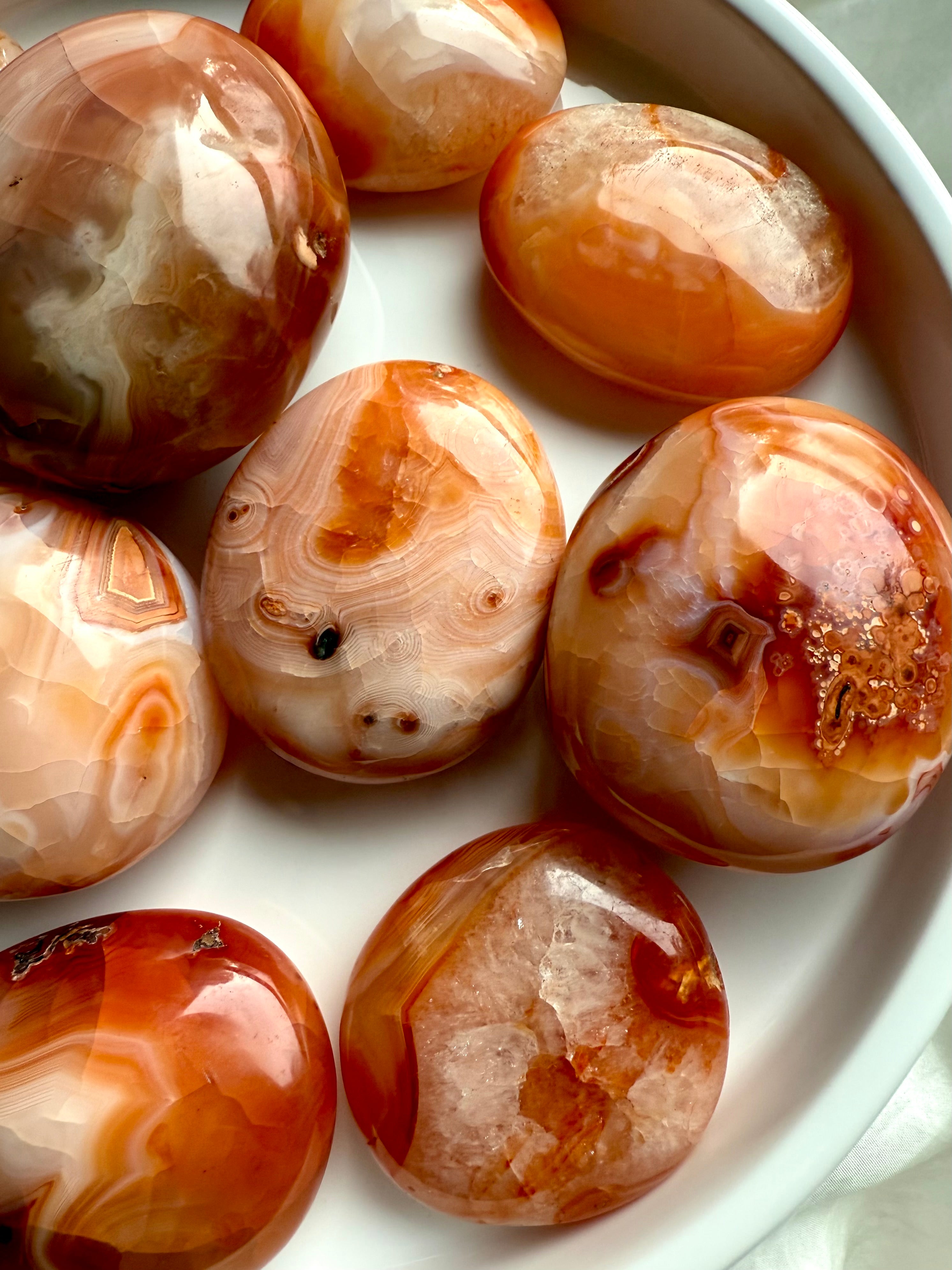 Carnelian palm stones with glossy polish + natural druzy — crystal healing tools for emotional balance + strength