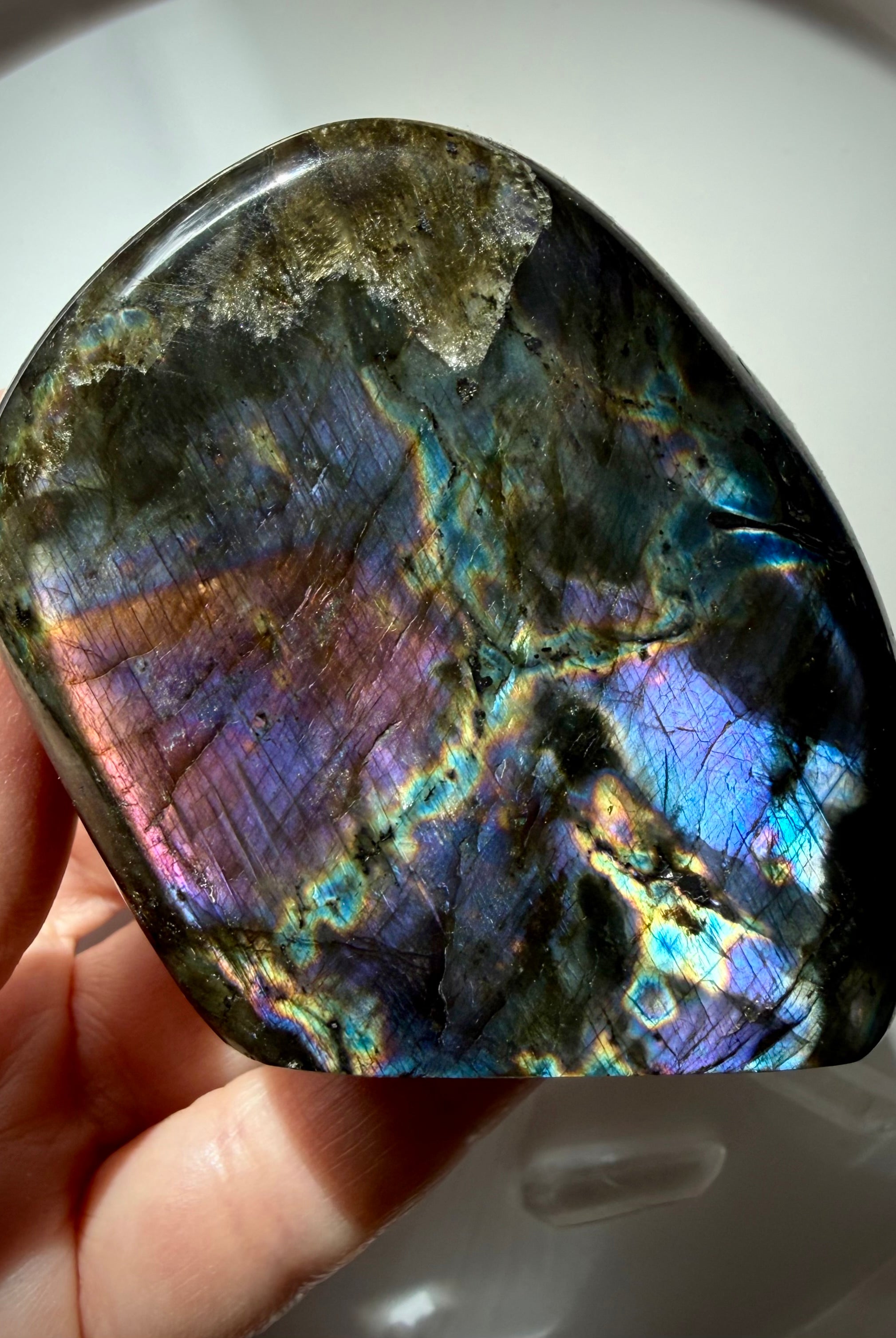 Natural Labradorite crystal freeform displaying vivid blue, green, purple and gold flash