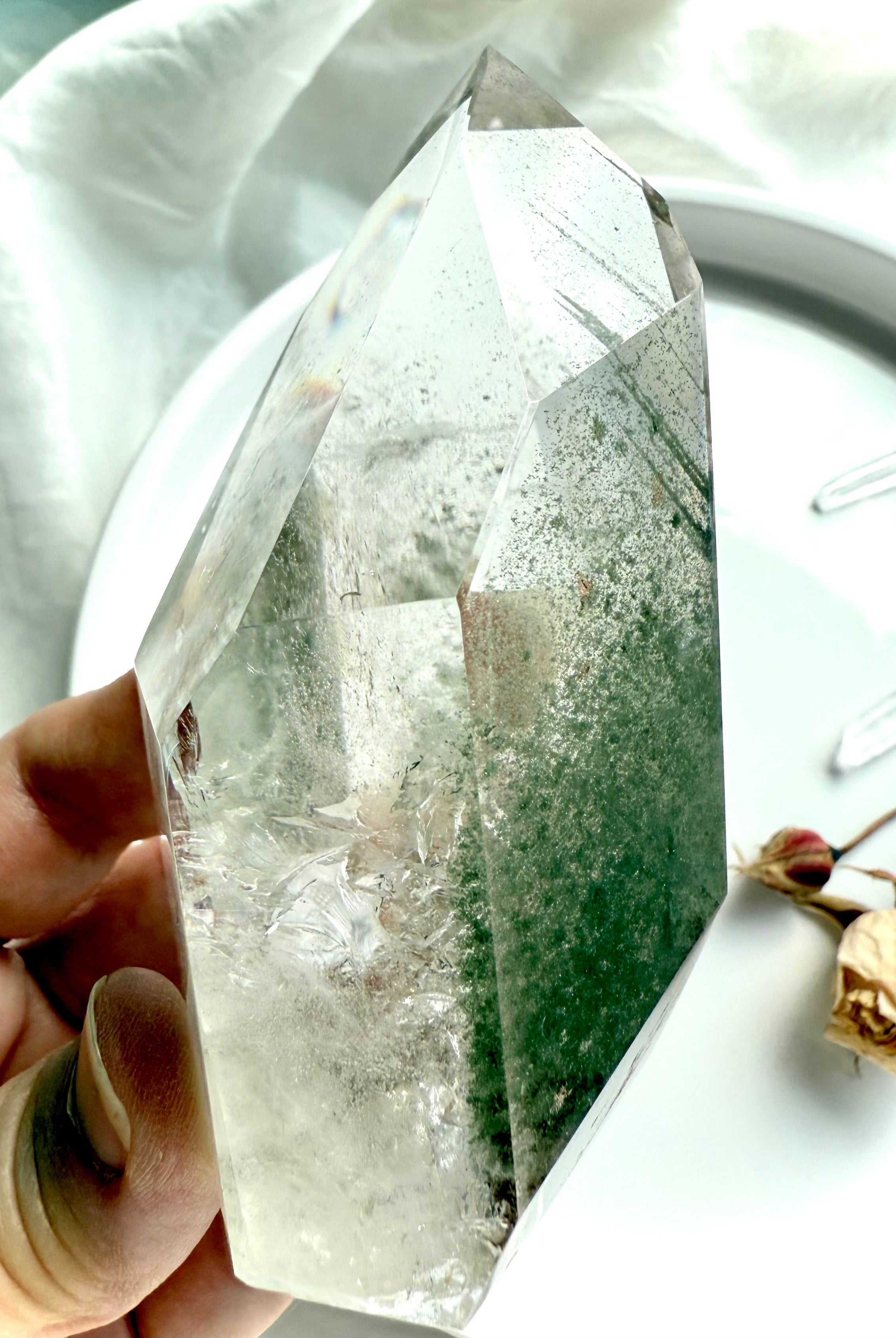 Garden Quartz tower revealing mossy chlorite inclusions and sparkling internal features