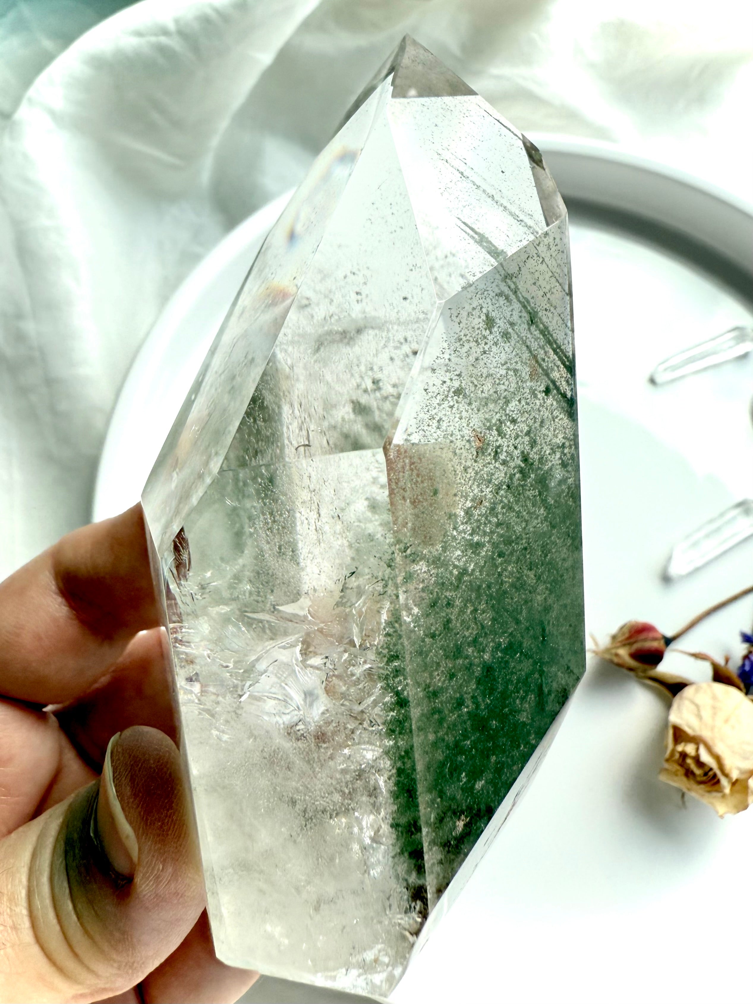 Garden Quartz tower revealing mossy chlorite inclusions and sparkling internal features