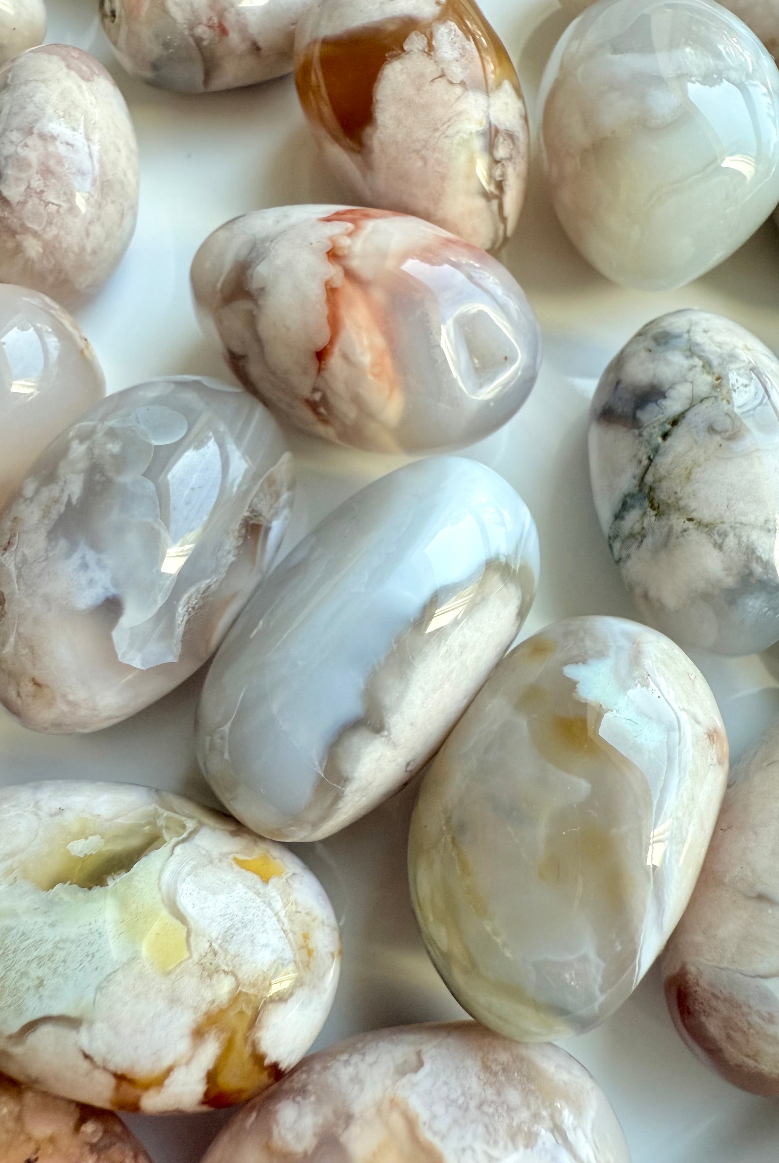High quality Flower Agate tumbled stones with pretty cherry blossom chalcedony patterns