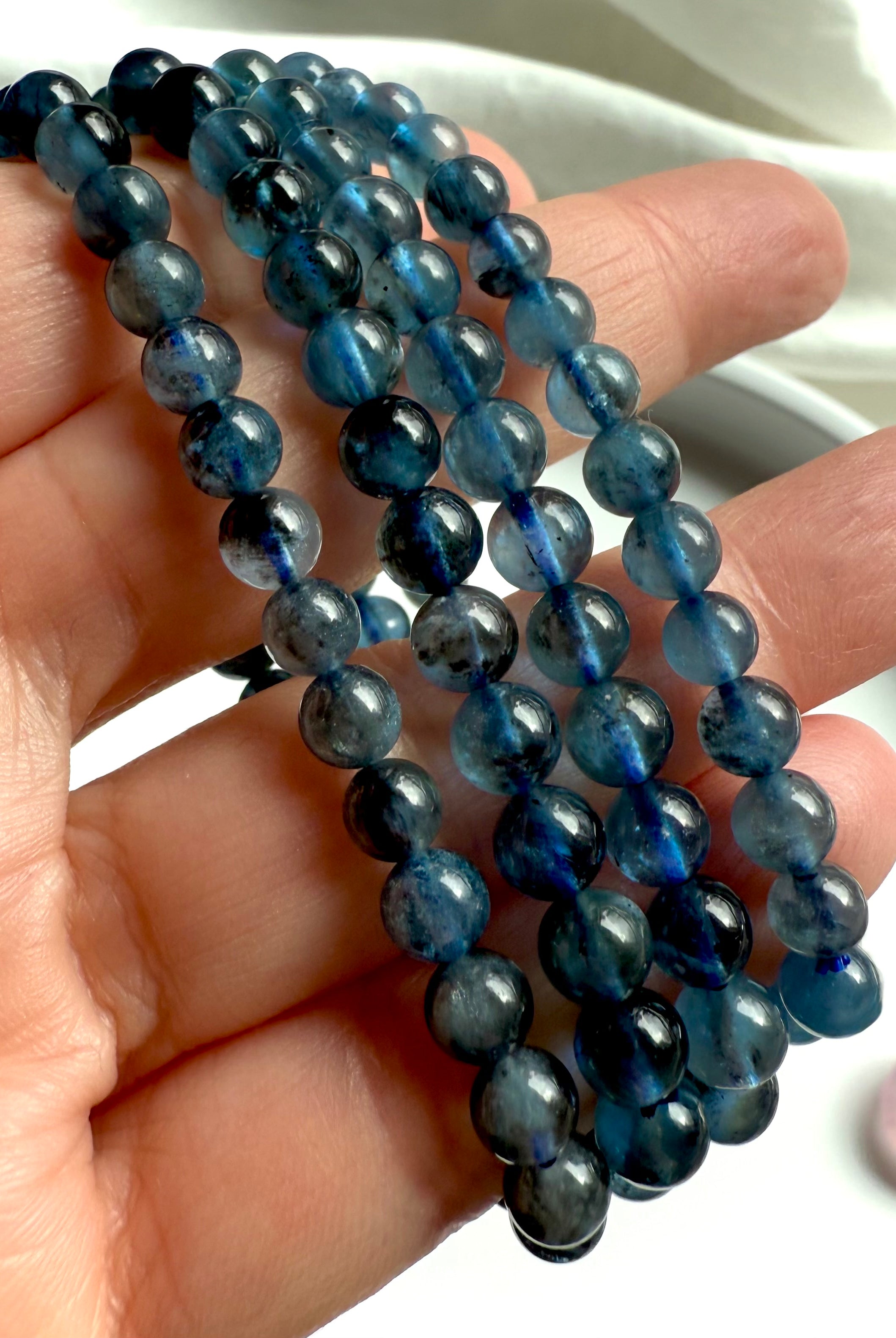Rare deep blue Aquamarine Bracelets with Black Tourmaline inclusions. March birthstone is Aquamarine
