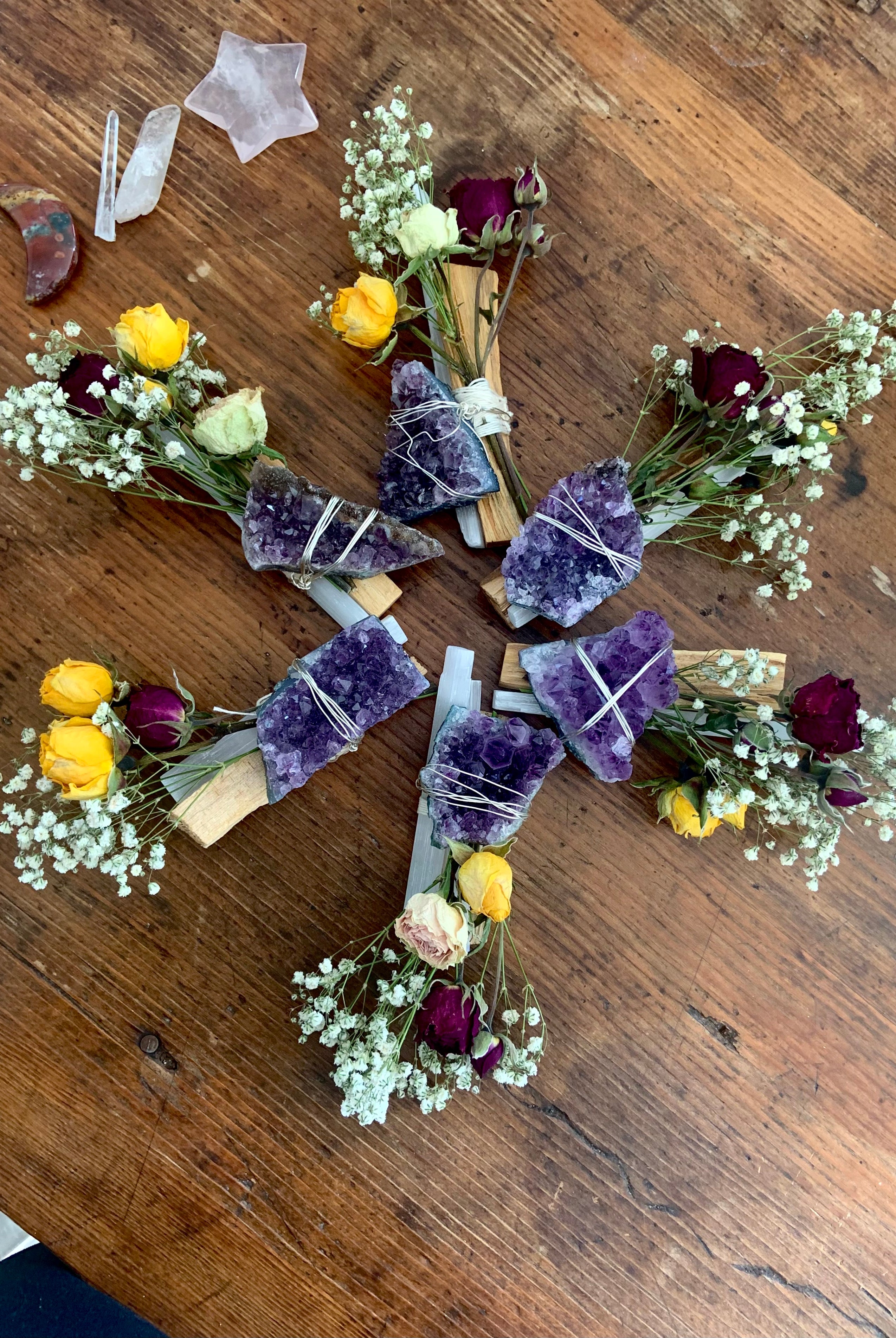 Handmade Amethyst, Selenite + Palo Santo Smudge Bundle, Colorful Dried Rose Bouquet with Crystals made to sit nicely on a flat surface or hung on the wall.