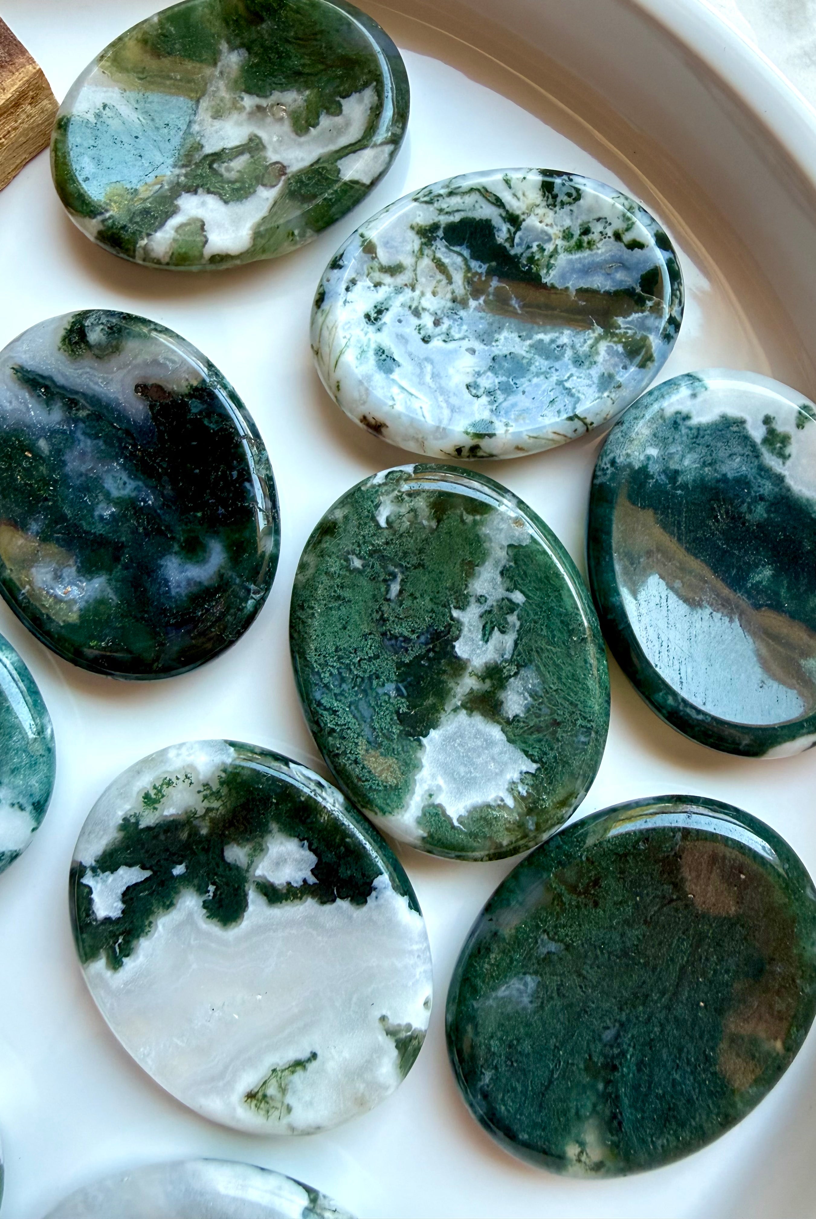 Moss Agate oval worry stones with translucent quartz, moss inclusions and smooth polished surfaces