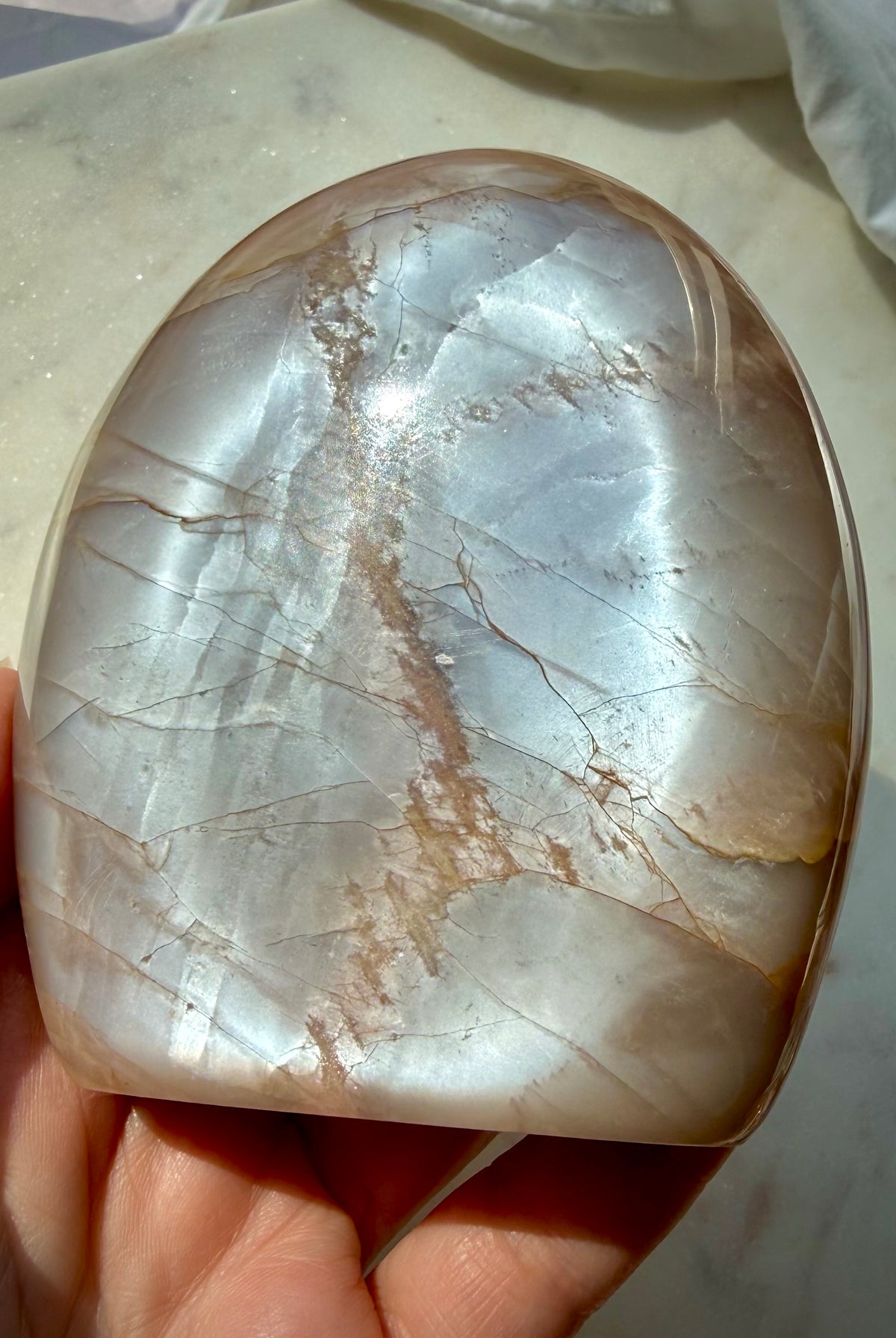 Peach Moonstone freeform with luminous silvery Moonstone shimmer, warm peach tones and natural mineral patterns