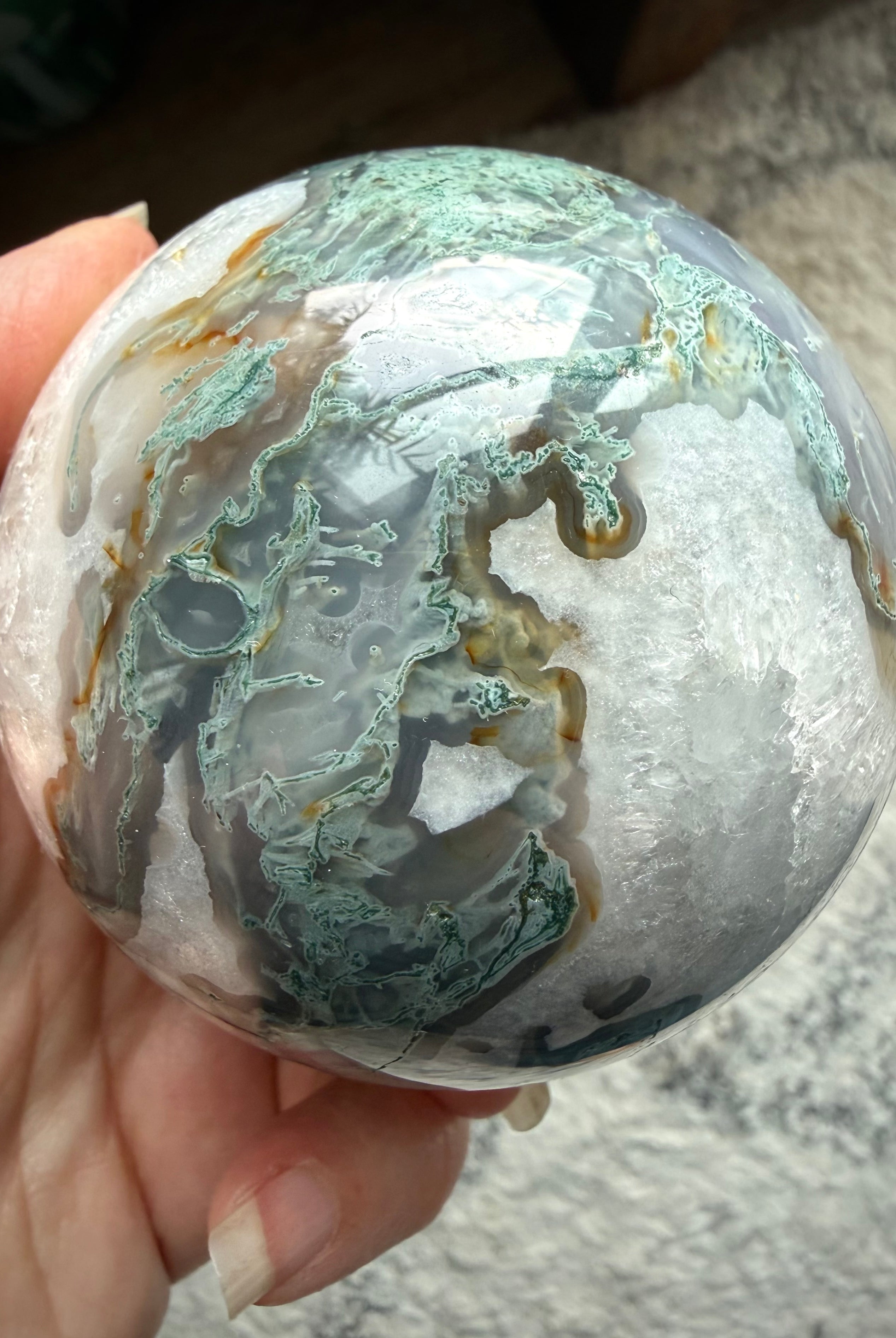 Rare Moss Agate sphere with flowing green patterns, Quartz details, and one of a kind character