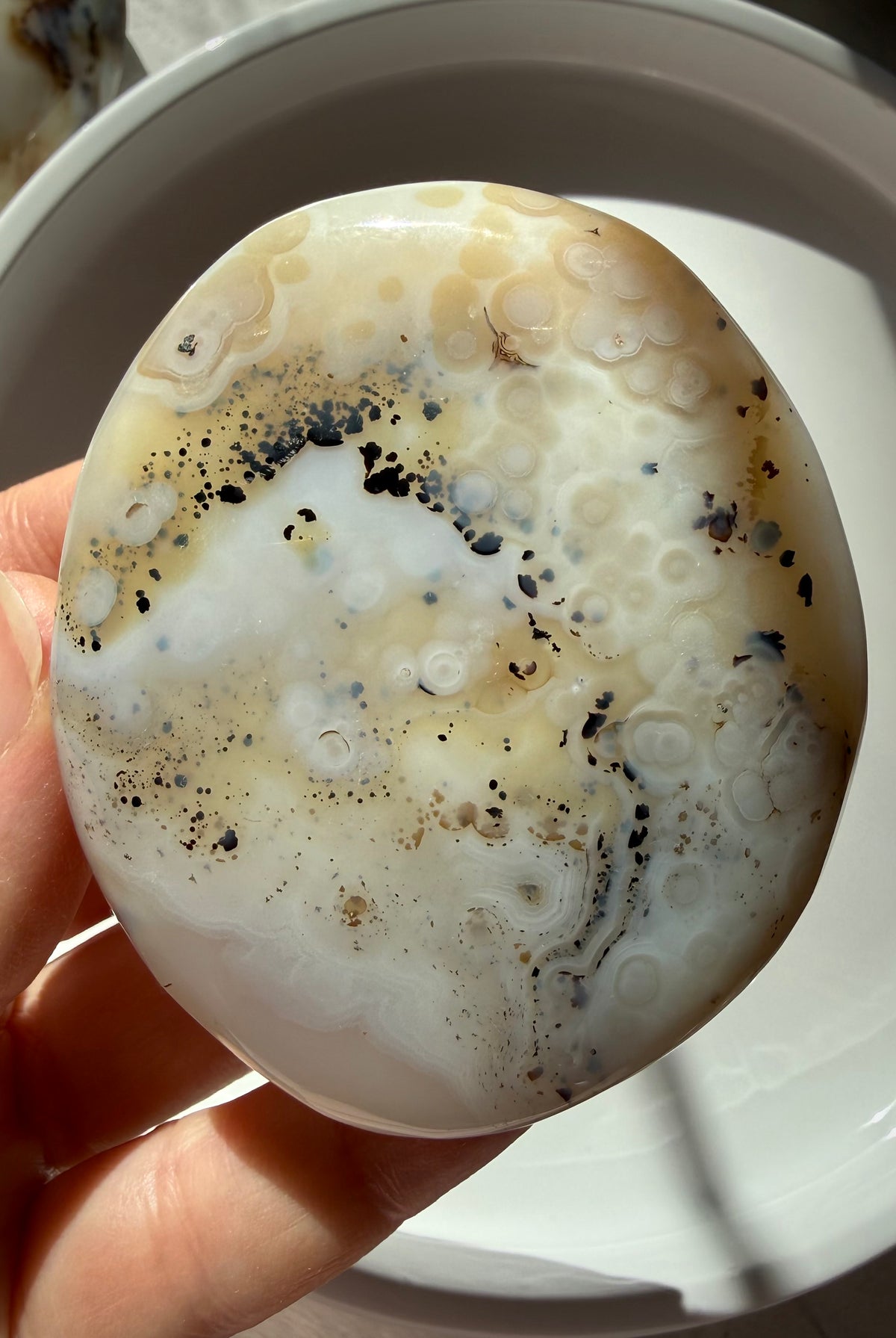 Dendritic Agate freeform crystal with creamy ivory tones, black tree-like inclusions and natural orbicular patterns