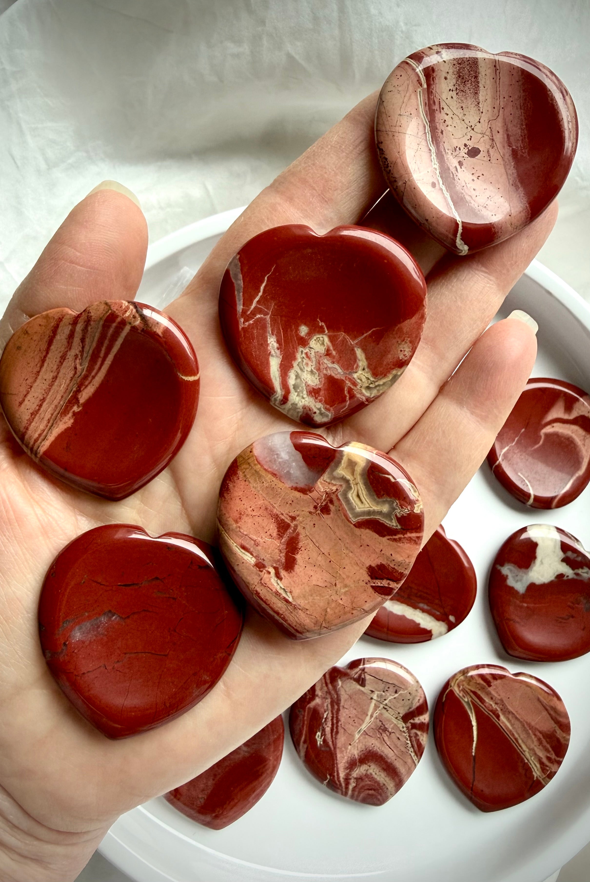 red jasper heart shaped worry stones – polished meditation crystals for grounding and emotional strength
