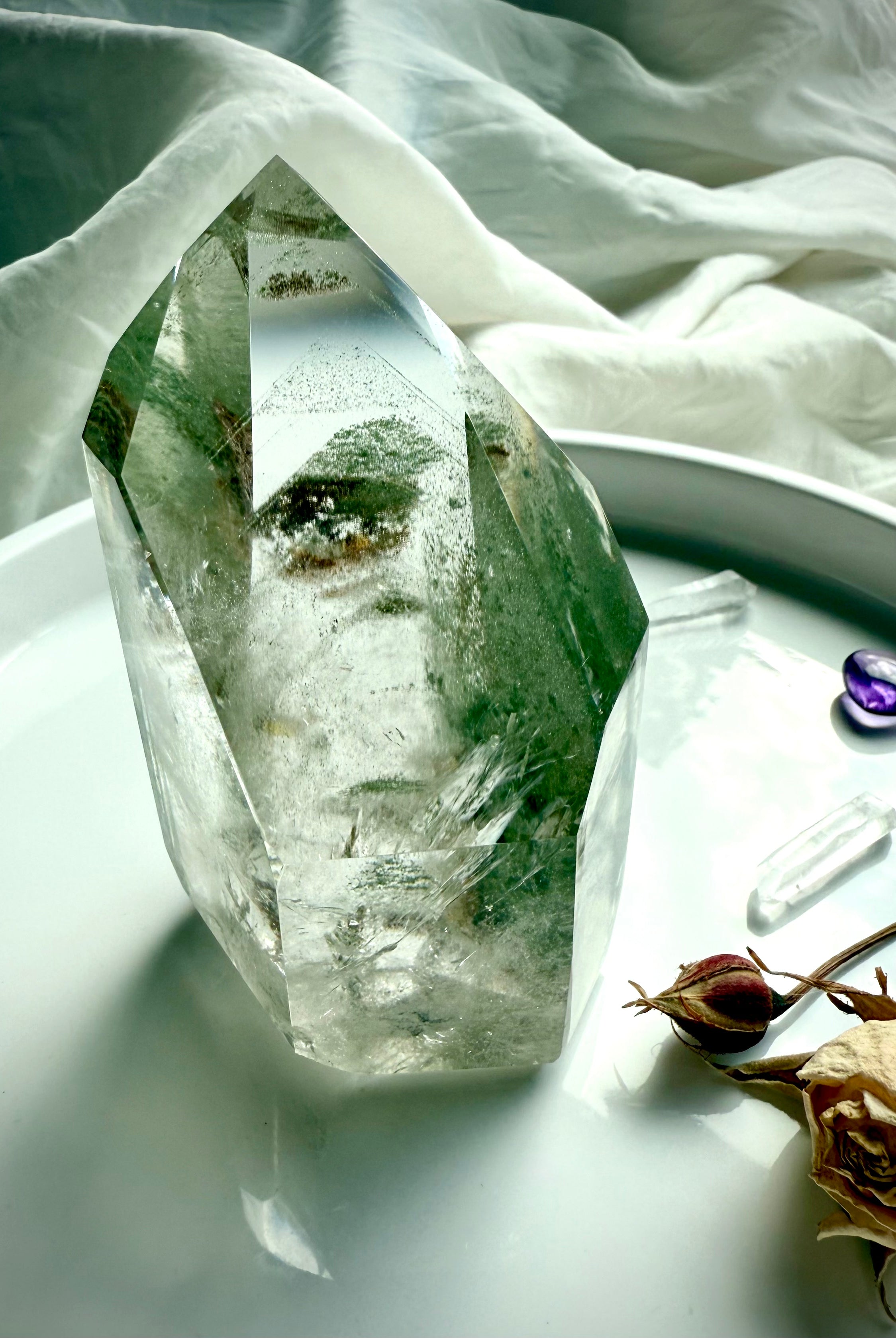 Chlorite Phantom Garden Quartz point with shimmering inclusions and polished flat base