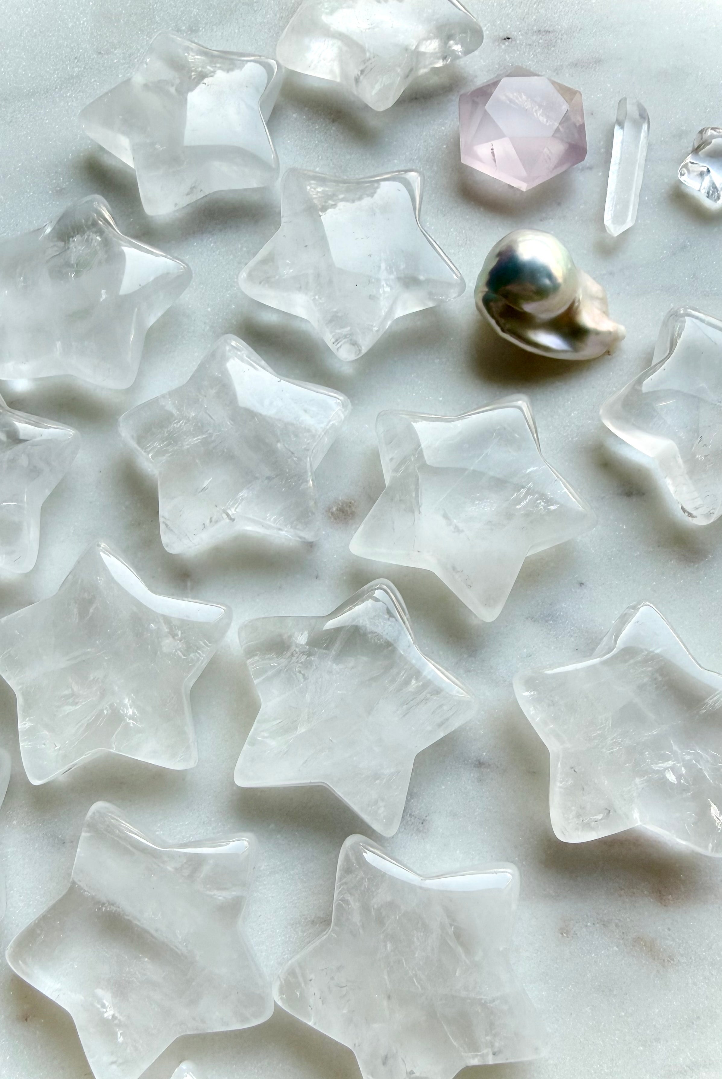 clear quartz star crystals with pearl and crystal accents for clarity healing and energy amplification