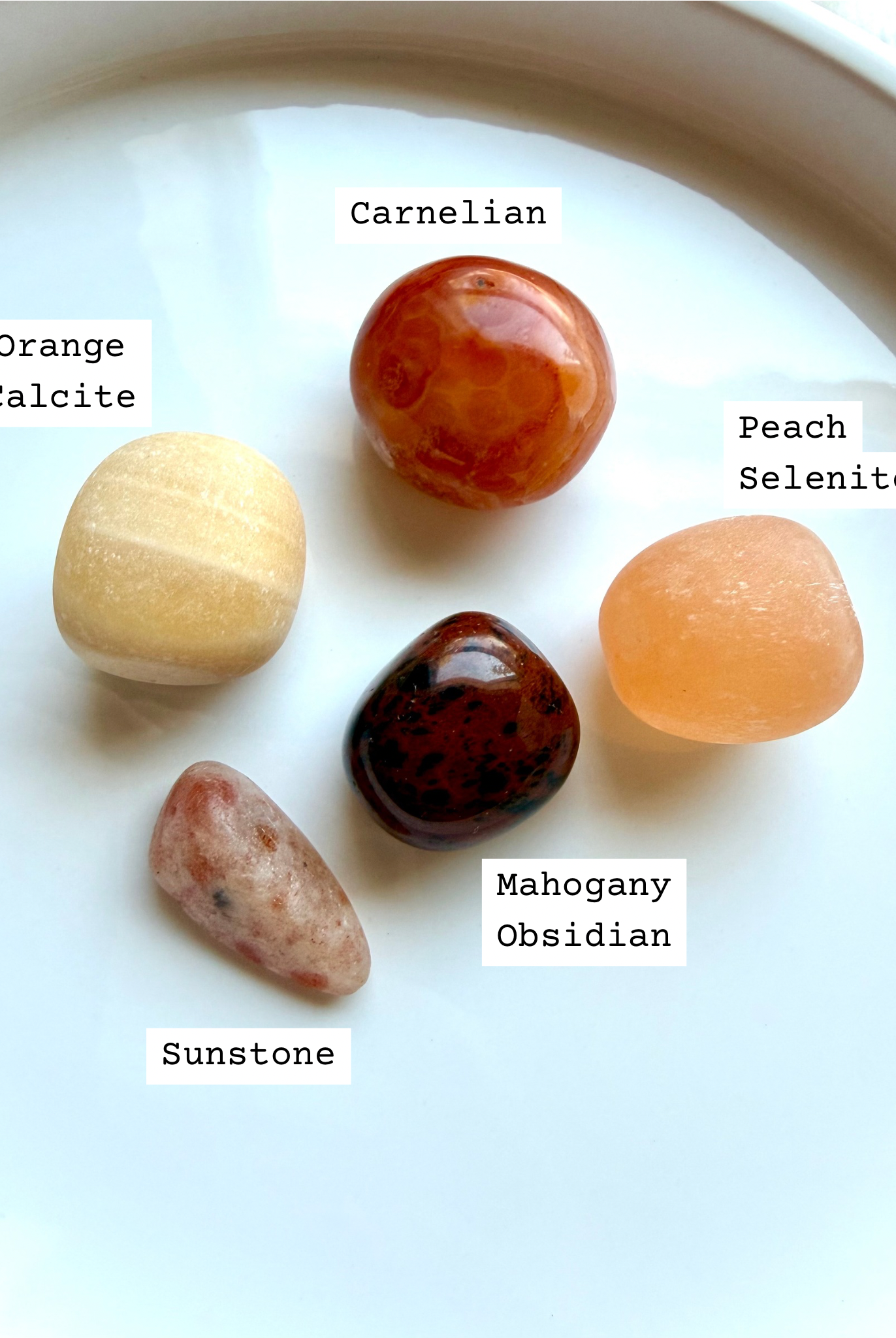 Labeled Sacral Chakra crystal set with Orange Calcite, Carnelian, Peach Selenite, Mahogany Obsidian, and Sunstone
