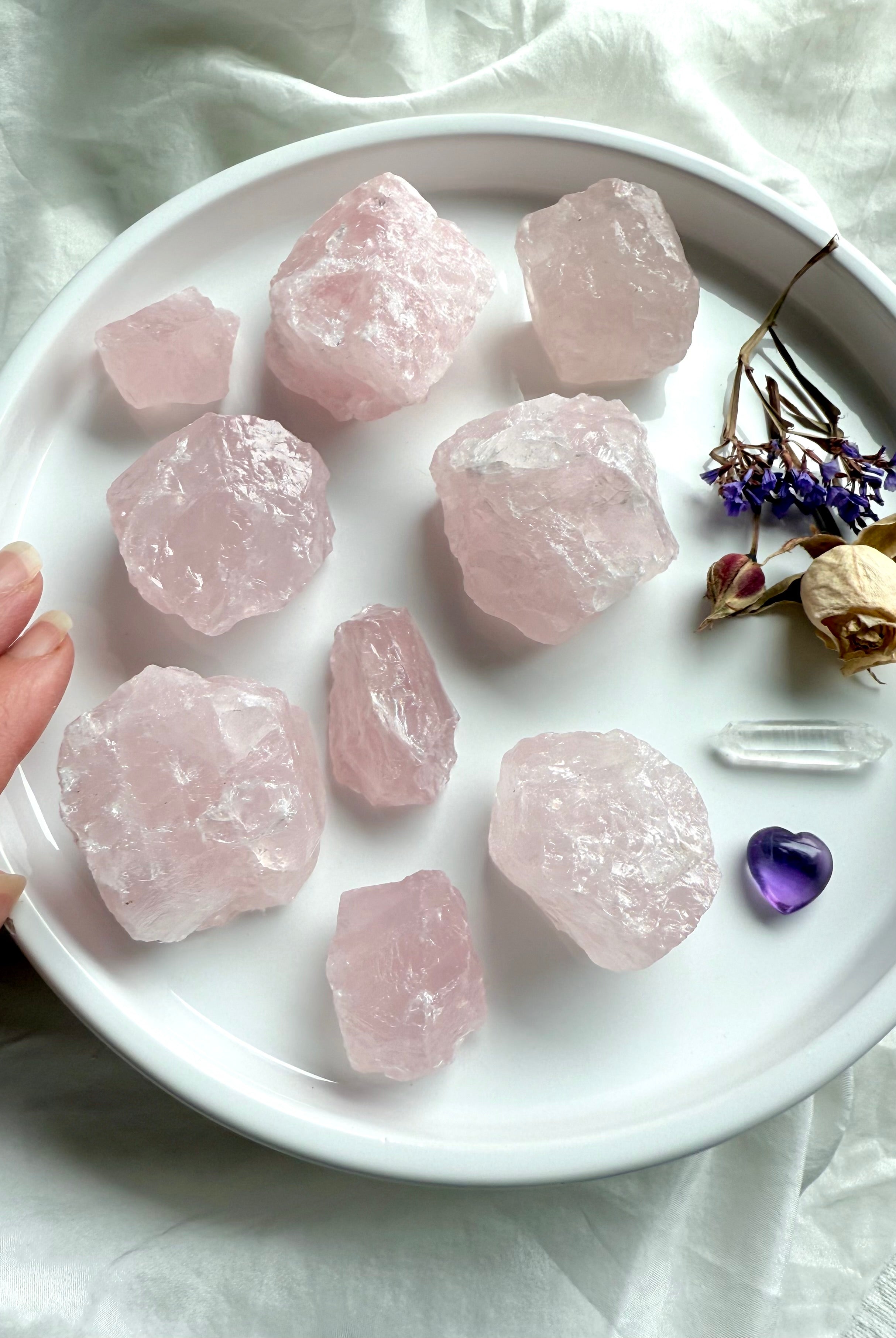 Raw Rose Quartz chunks from Madagascar in mixed sizes on white plate with roses, quartz point, and amethyst heart — Heart Chakra crystals for love and healing