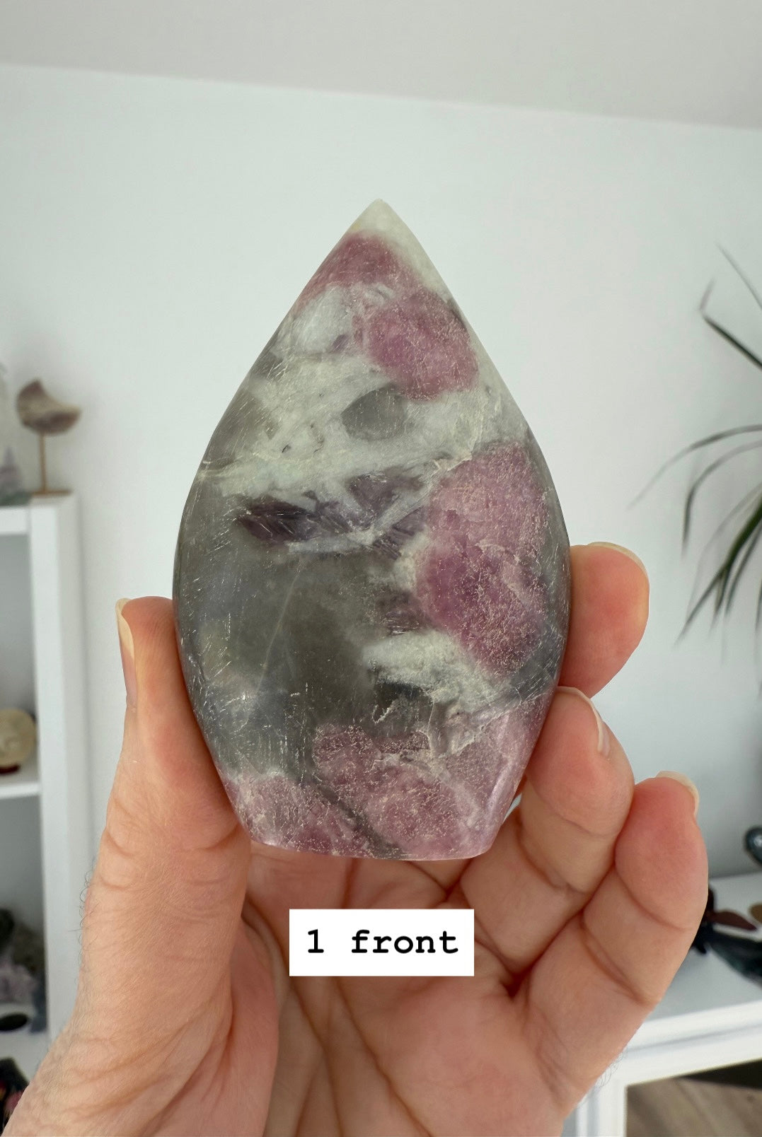 Unicorn Stone Flame Carving — Pink Tourmaline in Lepidolite with Smoky Quartz + Cleavelandite matrix
