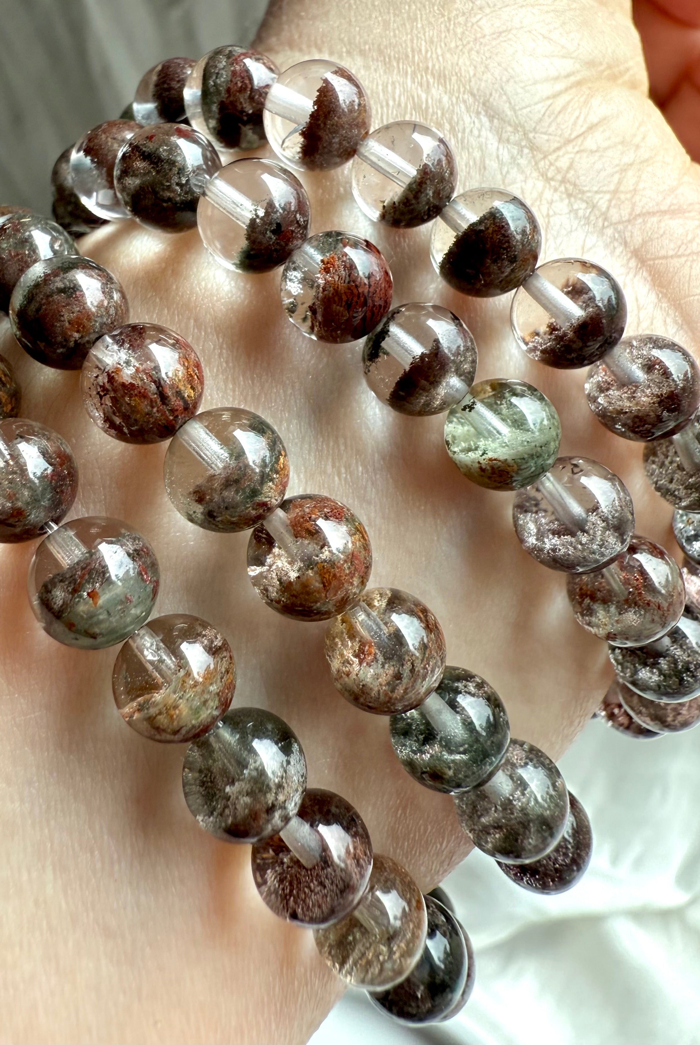 Garden Quartz bracelet with mossy chlorite and mineral inclusions, grounding shaman stone for chakra healing and inner vision