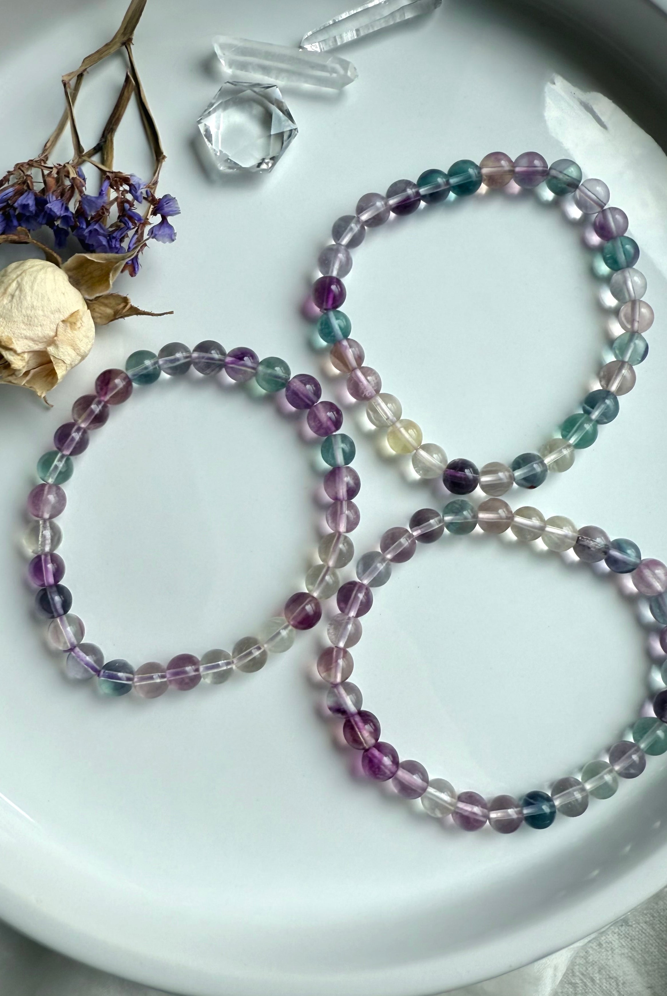 Mixed color fluorite bracelet with high clarity rainbow crystal beads for focus, intuition, and mental clarity
