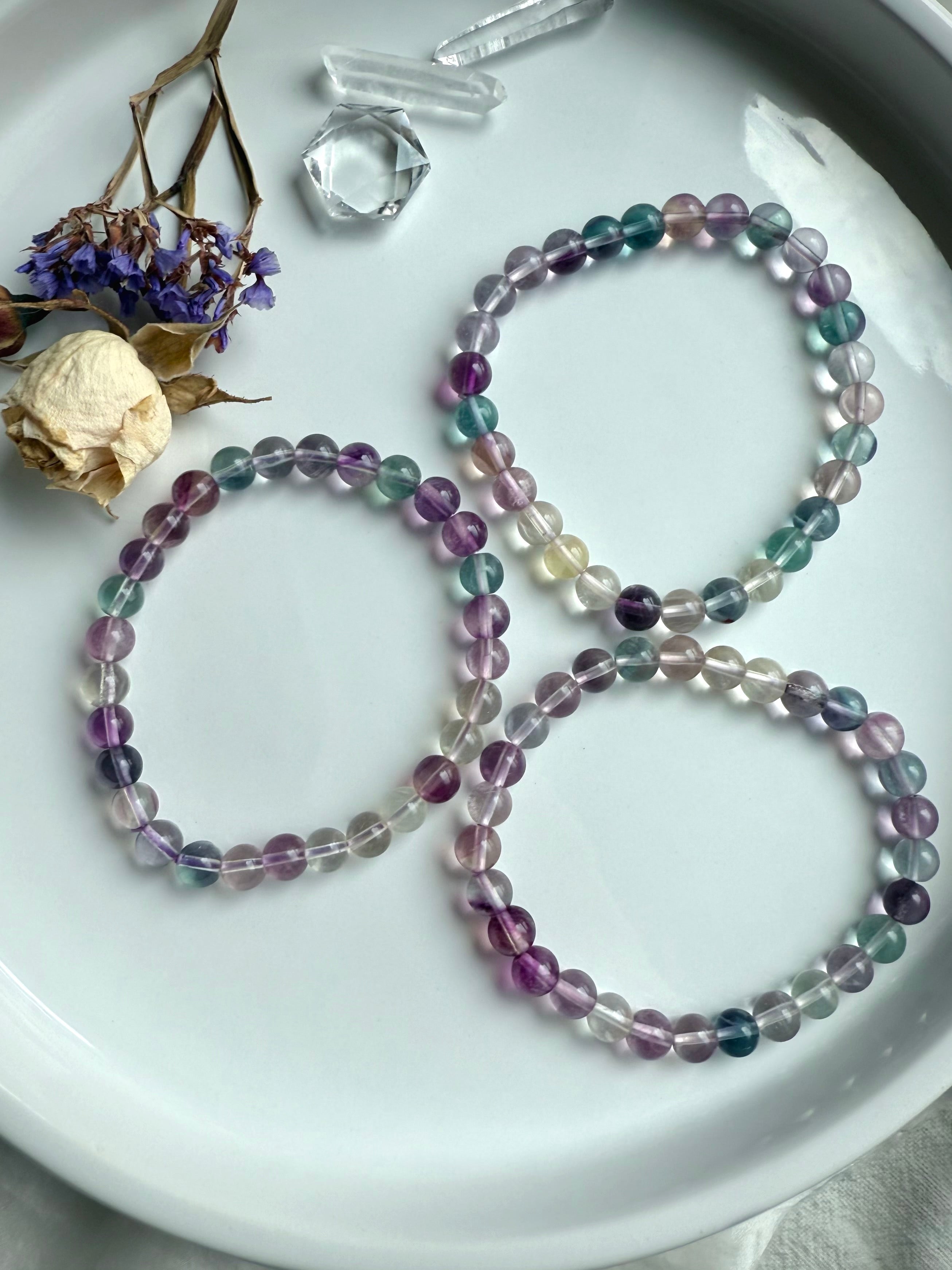 Mixed color fluorite bracelet with high clarity rainbow crystal beads for focus, intuition, and mental clarity