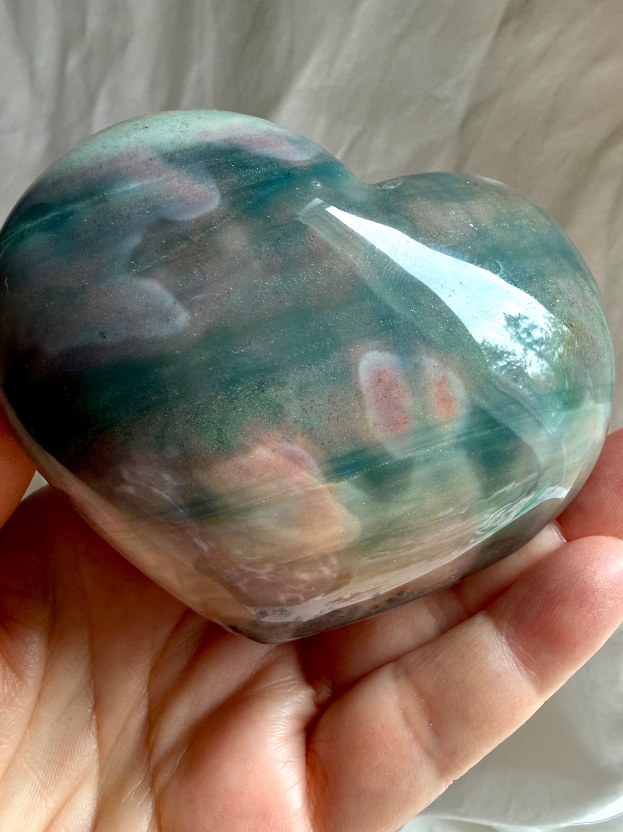 Large Ocean Jasper crystal heart with teal and mauve swirls and rounded polished shape