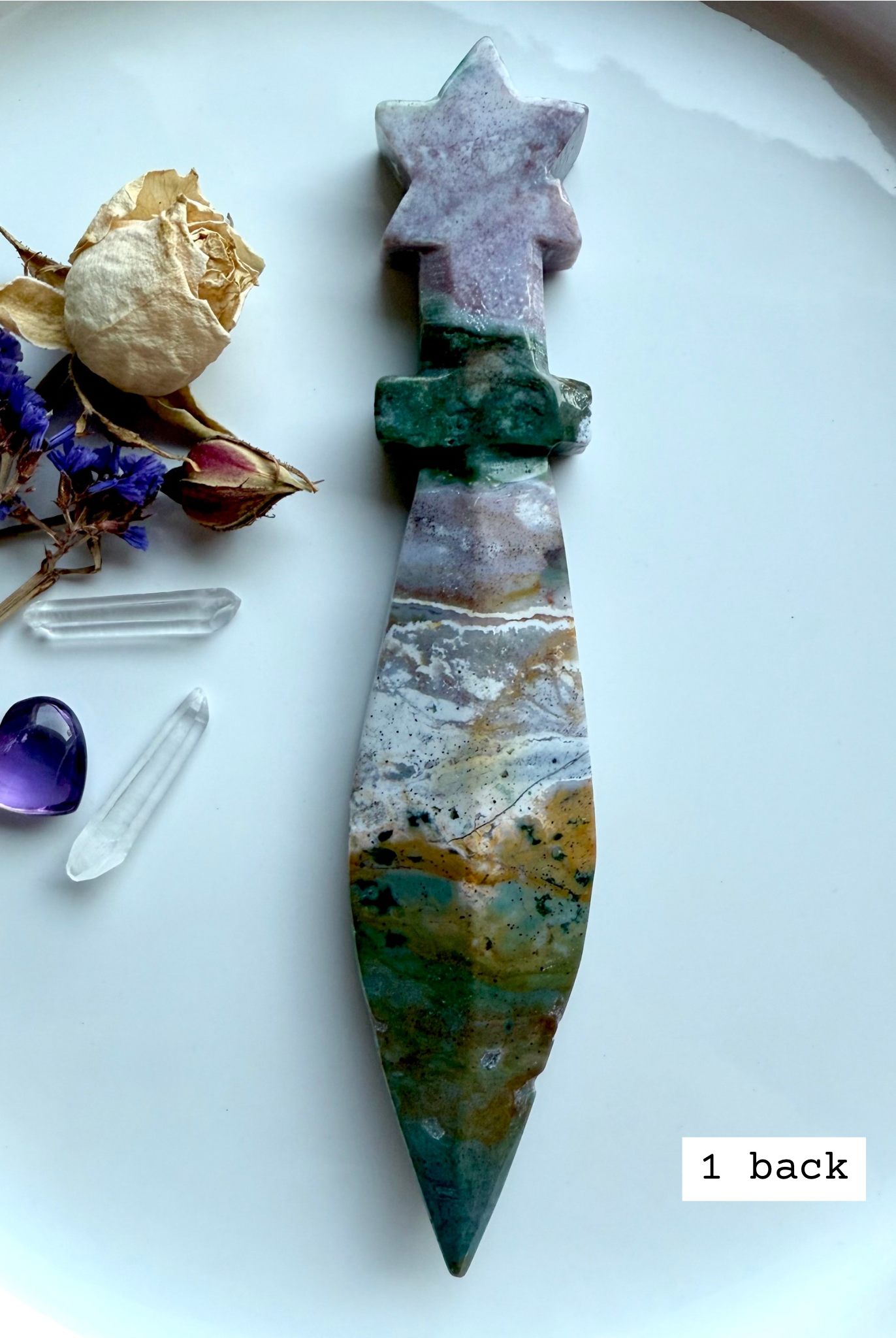 Ocean Jasper star knife # 1 back – crystal athame carving with earthy greens, creams, and natural stone inclusions