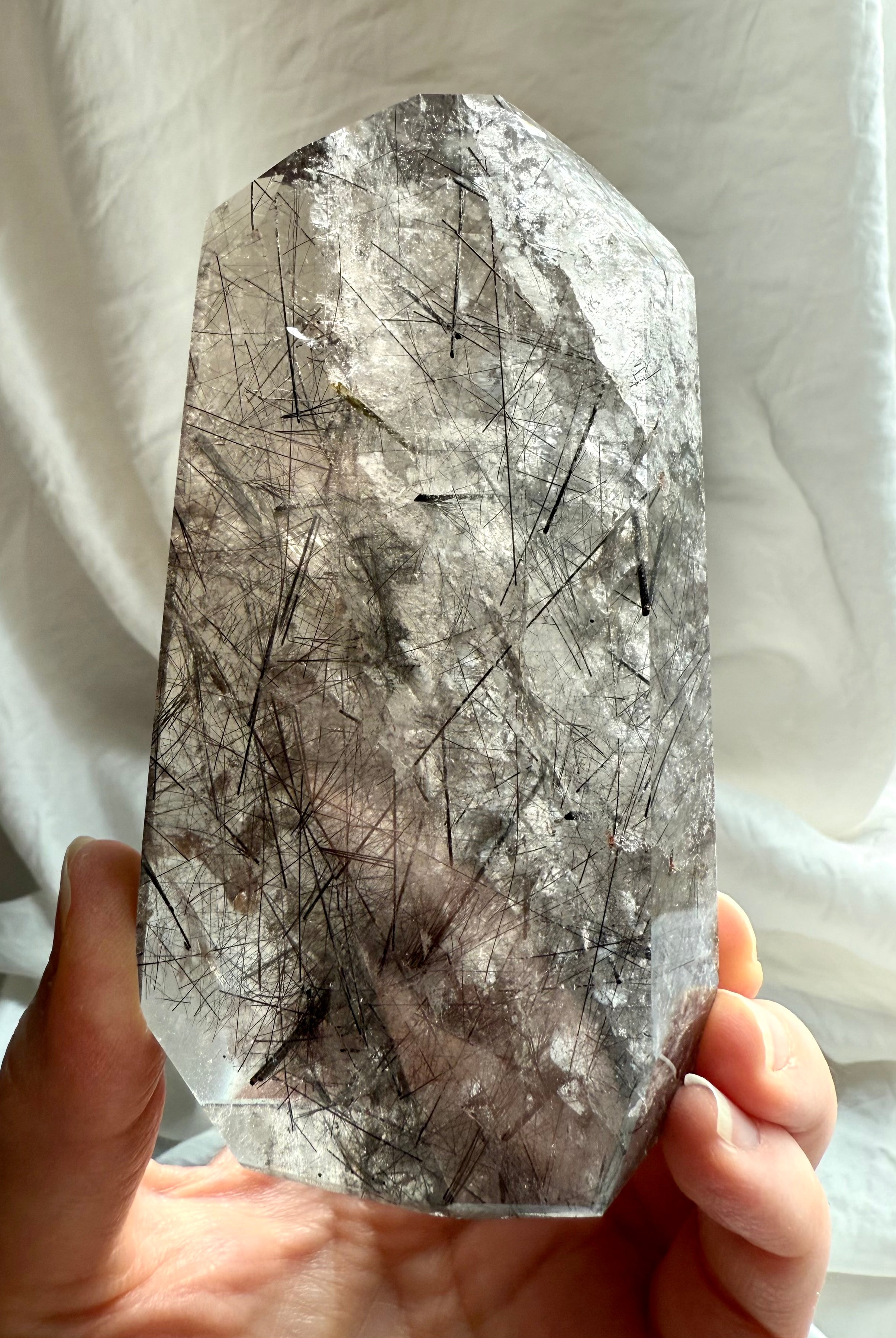 Tourmalinated Quartz freeform tower with Black Tourmaline inclusions in champagne Smoky Quartz crystal