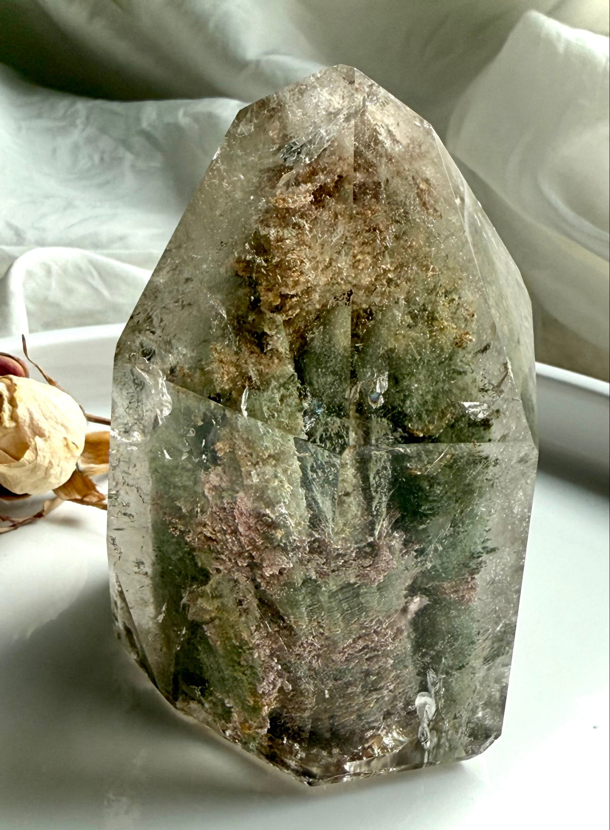 Lodolite Garden Quartz phantom crystal tower standing upright, Shaman’s Stone for Root Chakra grounding and stability