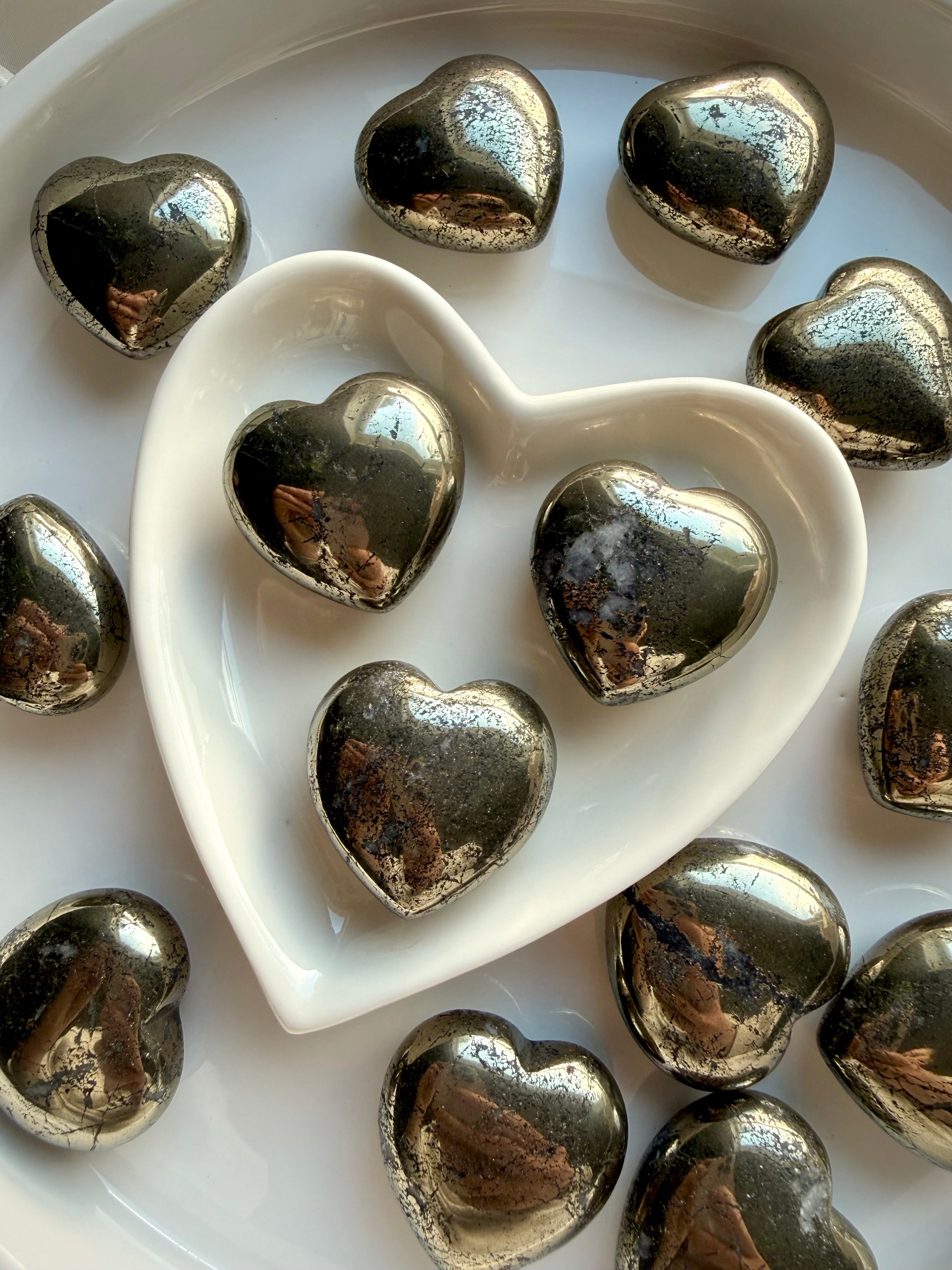 Pyrite crystal hearts with natural inclusions, shimmering gold stone for prosperity and energetic protection
