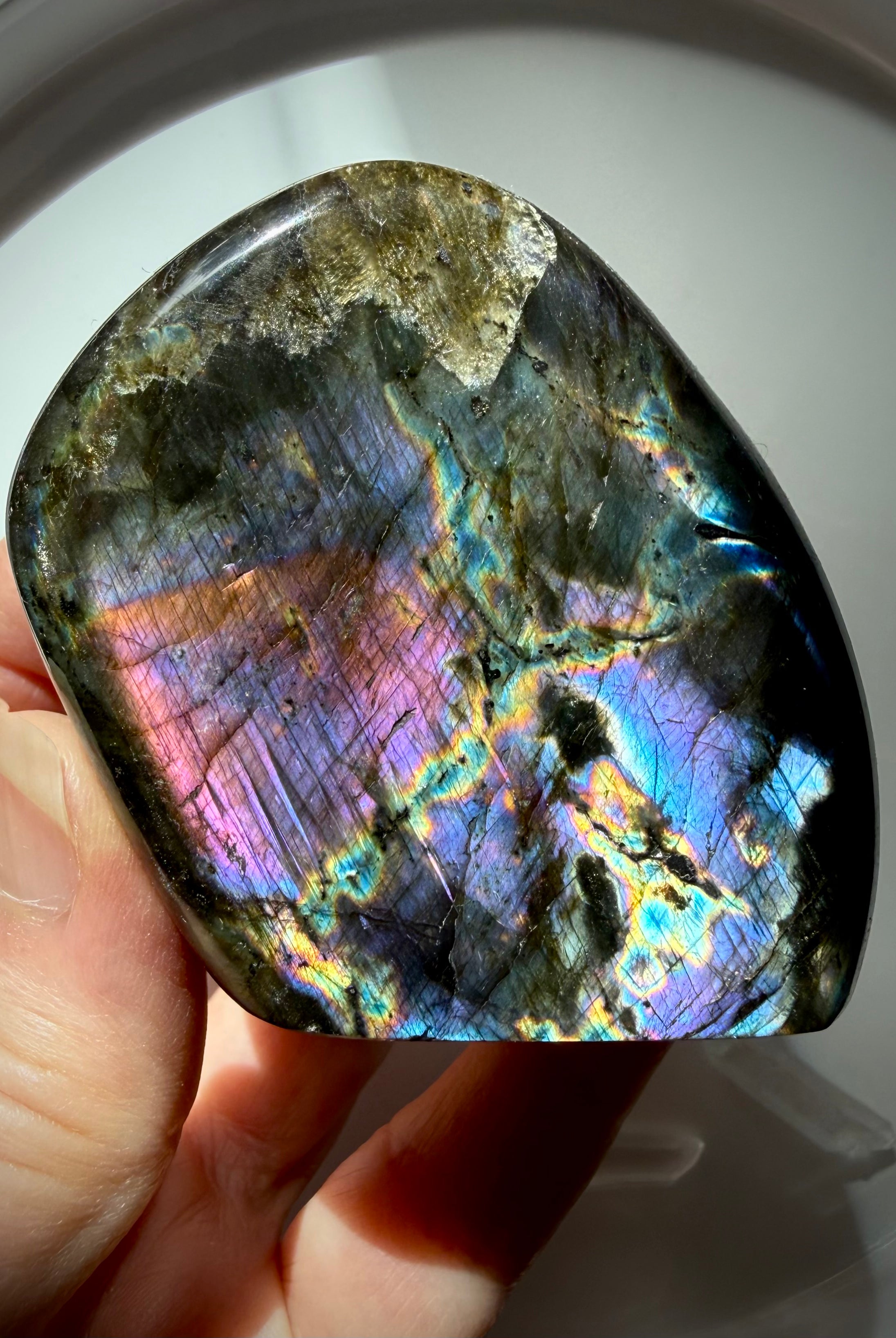 Rainbow Labradorite freeform with brilliant multicolor flash in purple, pink, blue, green and gold