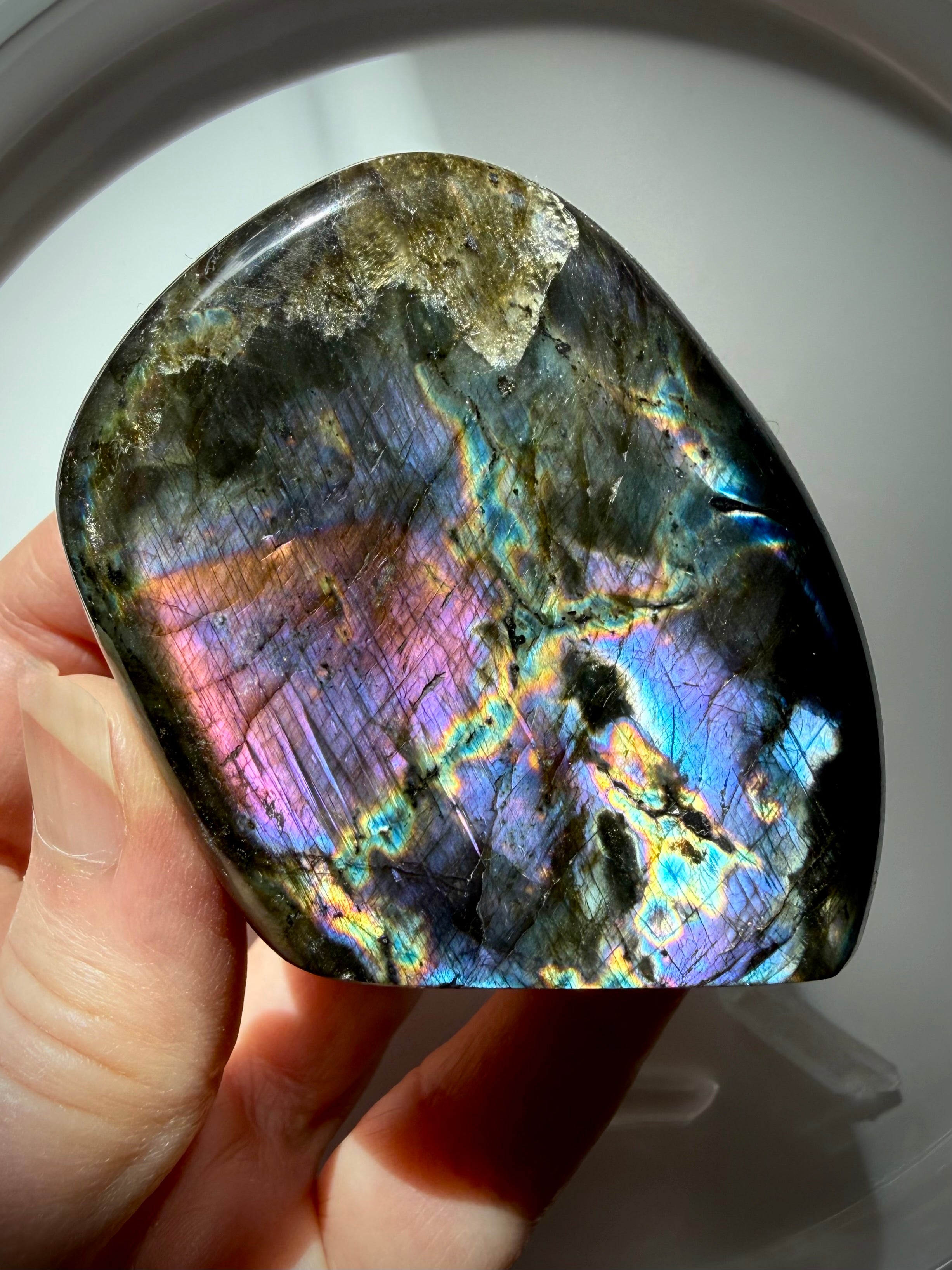 Rainbow Labradorite freeform with brilliant multicolor flash in purple, pink, blue, green and gold