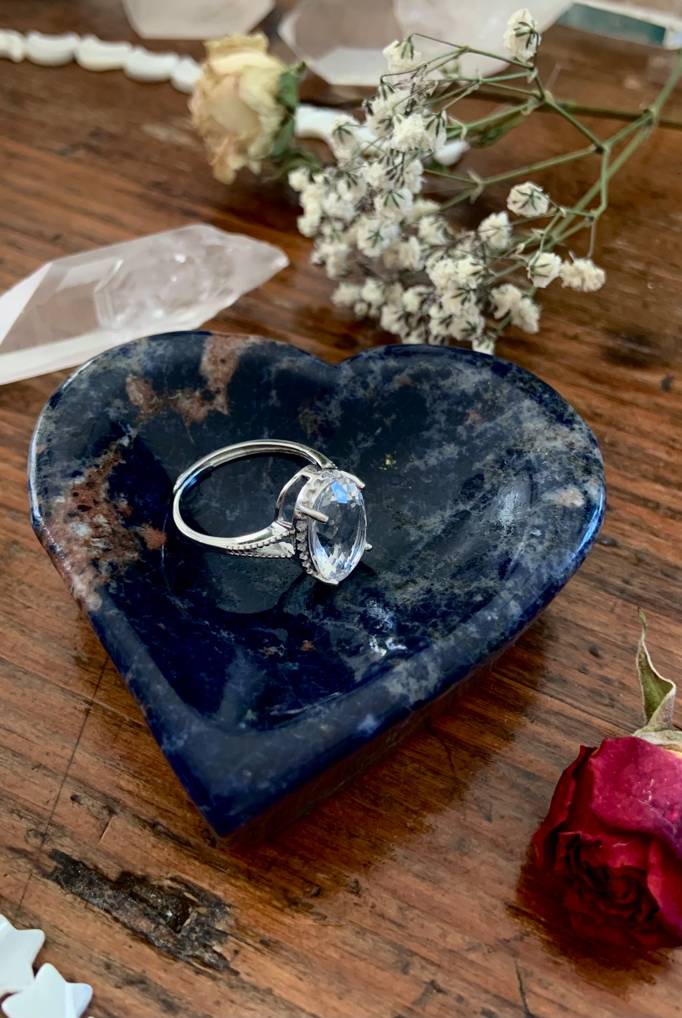 Sodalite Heart Bowl, Hand carved blue stone ring dish. Picture shows a ring inside as an example.