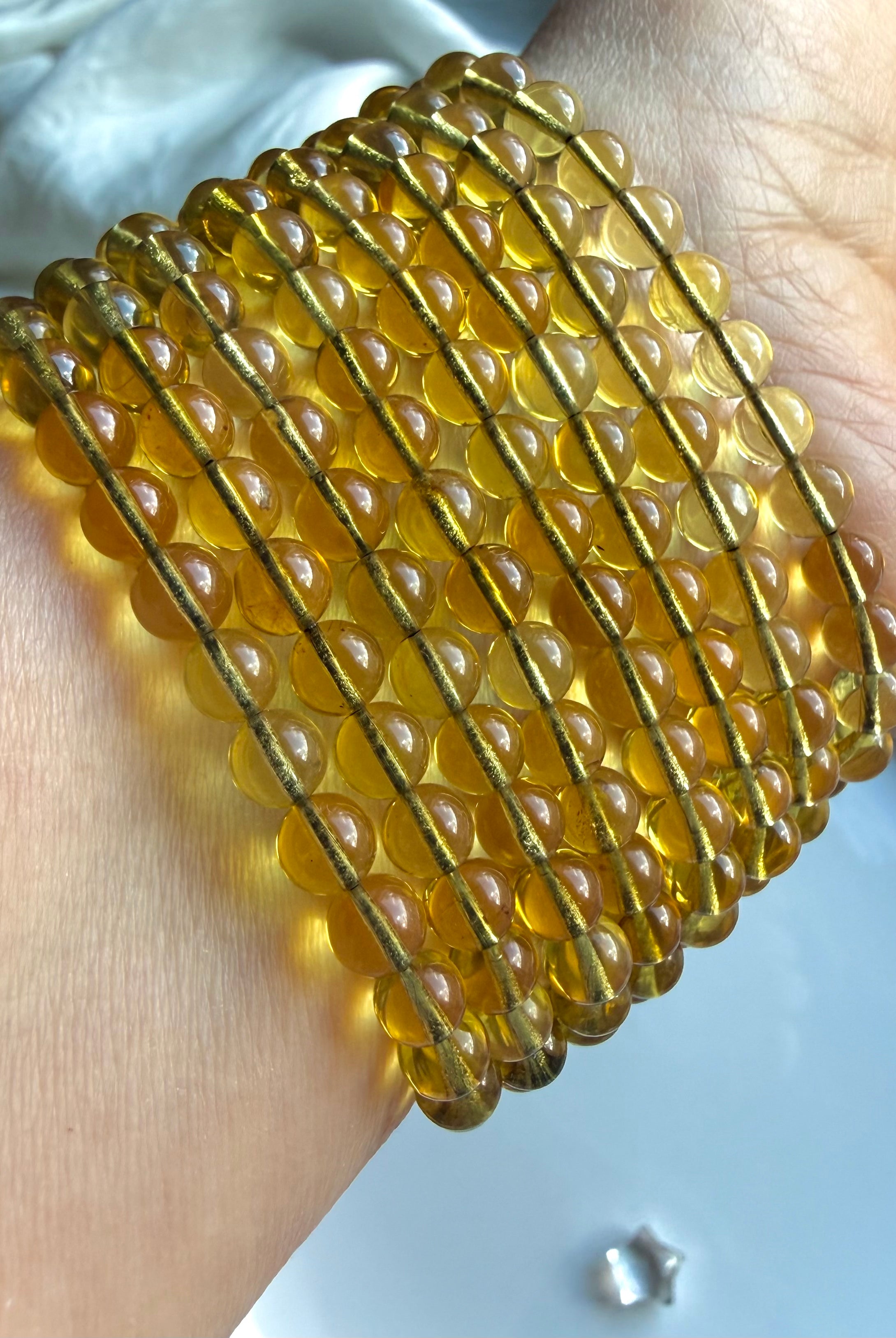 Blue Amber Bracelet – Indonesian UV Reactive Amber Bead Bracelet with Natural Golden Amber Crystals