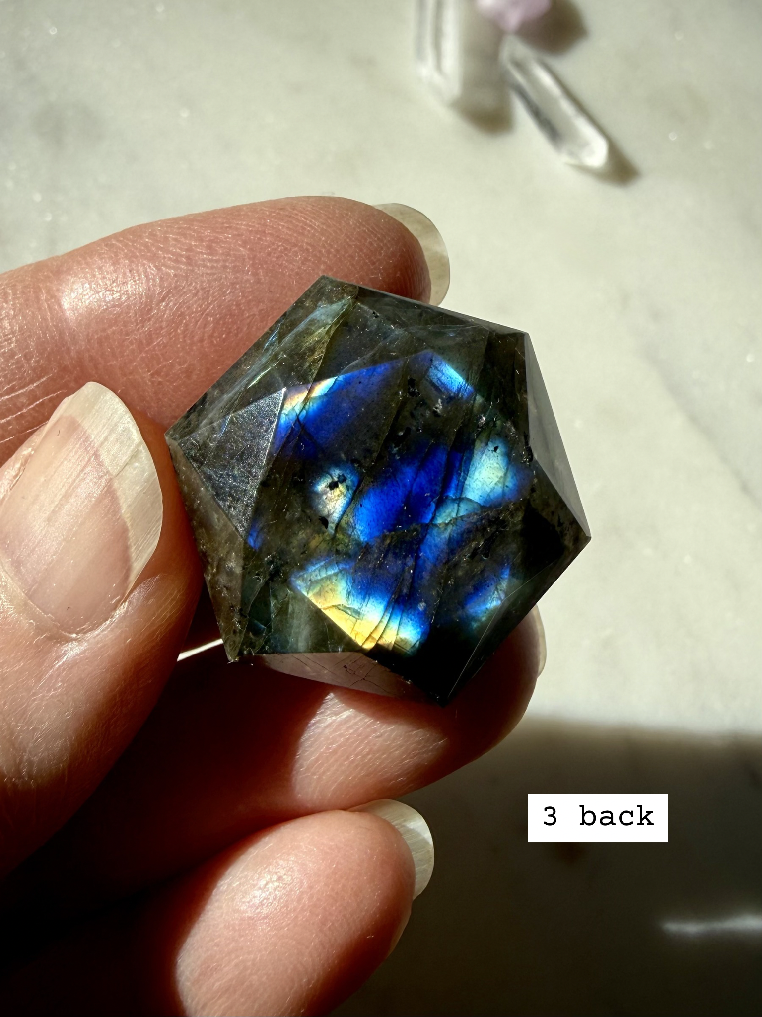 Flashy Labradorite hexagon – sacred geometry crystal for Third Eye Chakra, with multicolored labradorescence, back view