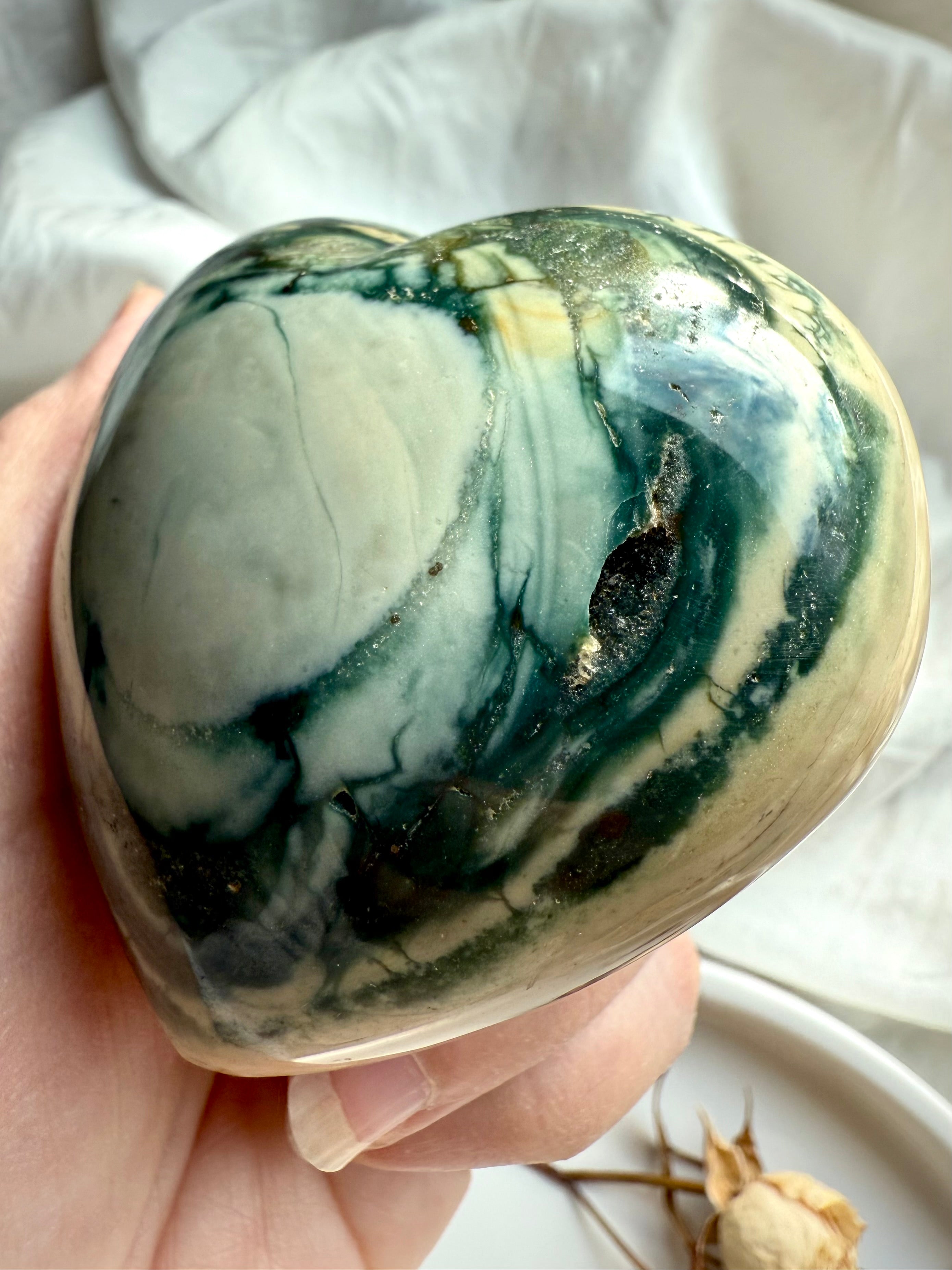 Ocean Jasper heart featuring rich green orbicular patterns and shimmering druzy details — healing stone for emotional renewal, balance, and heart chakra support