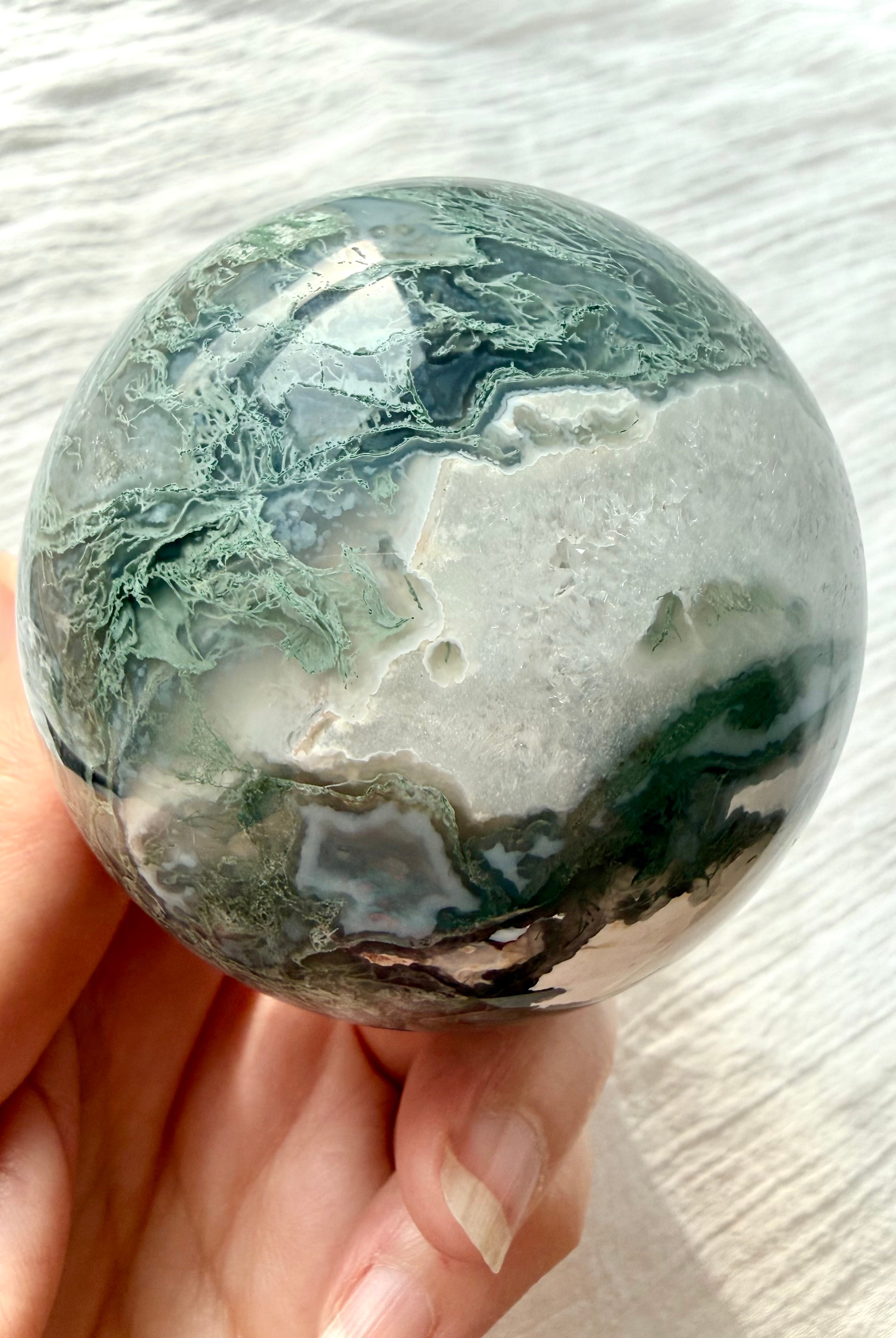 Moss Agate crystal ball with sparkling Quartz, white agate and deep forest green moss inclusions