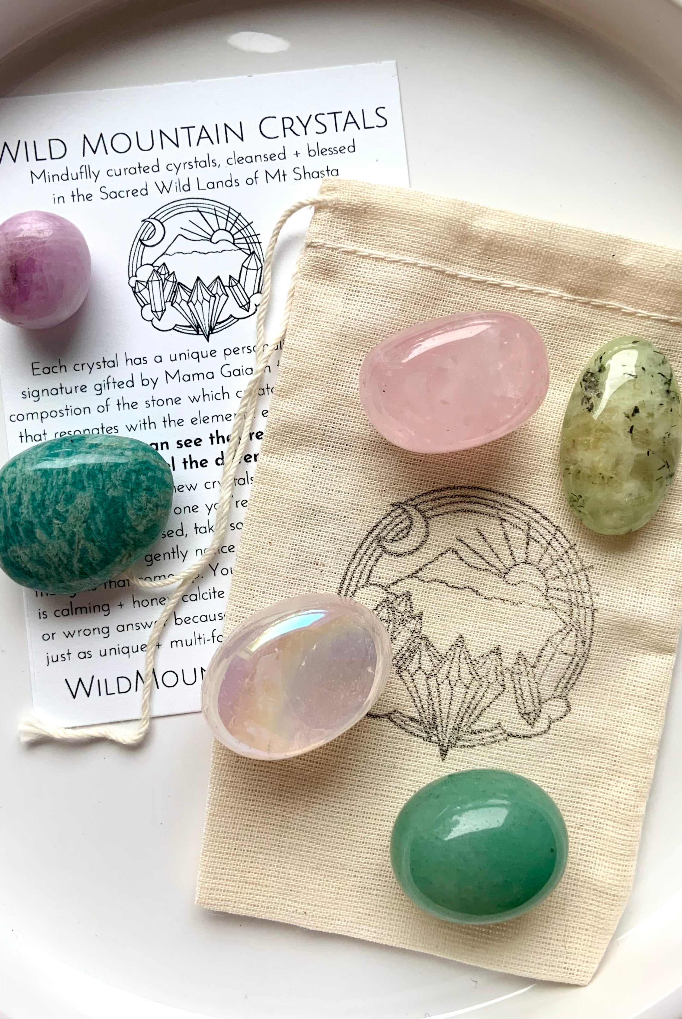 Heart Chakra crystal set on info card and logo pouch — includes aura rose quartz, rose quartz, kunzite, amazonite, green aventurine, and prehnite displayed on a white plate.