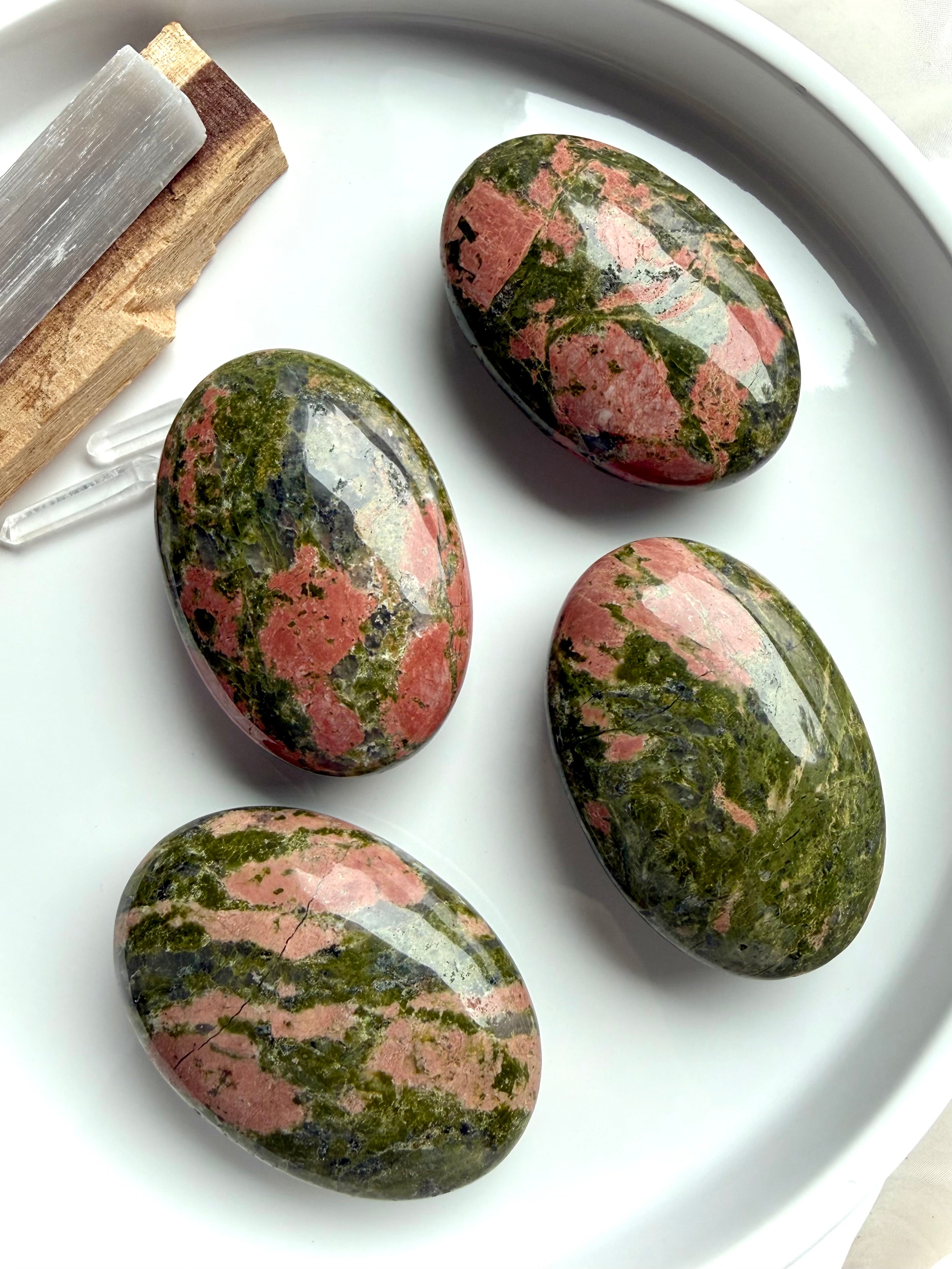 Unakite palm stones polished crystal in green and pink for heart chakra healing & emotional balance