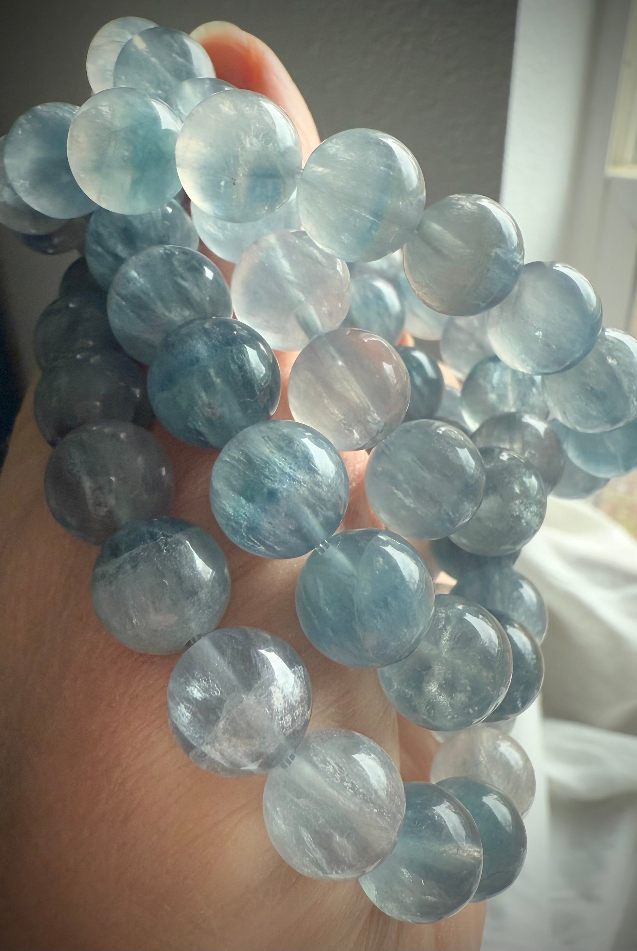 Rare, high quality Ice Blue Fluorite Bracelets with ethereal translucence + silky shimmer