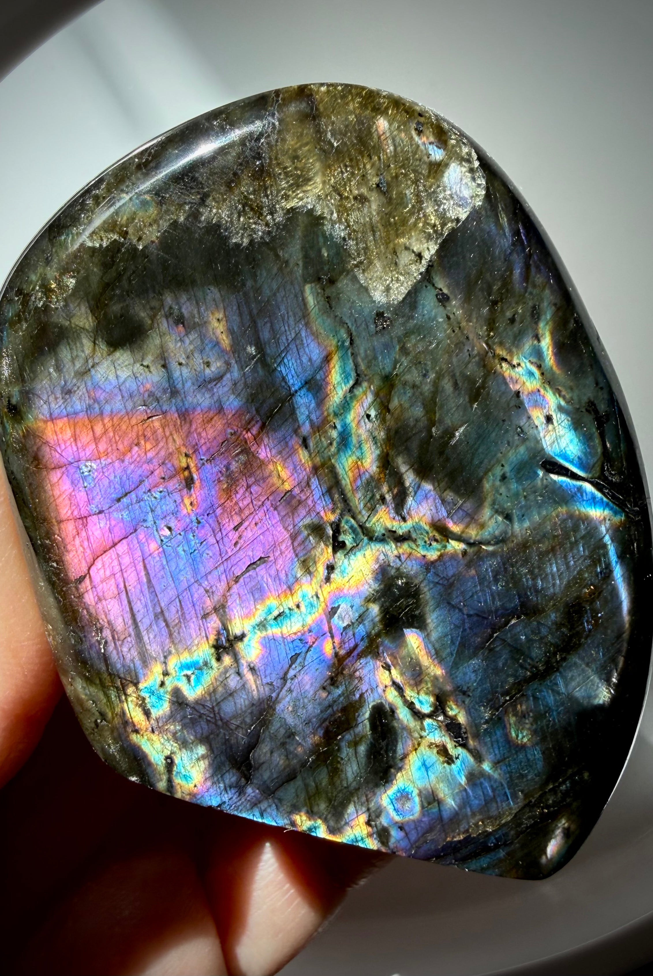 Multicolor Labradorite crystal with brilliant pink, purple, blue, green and orange labradorescence