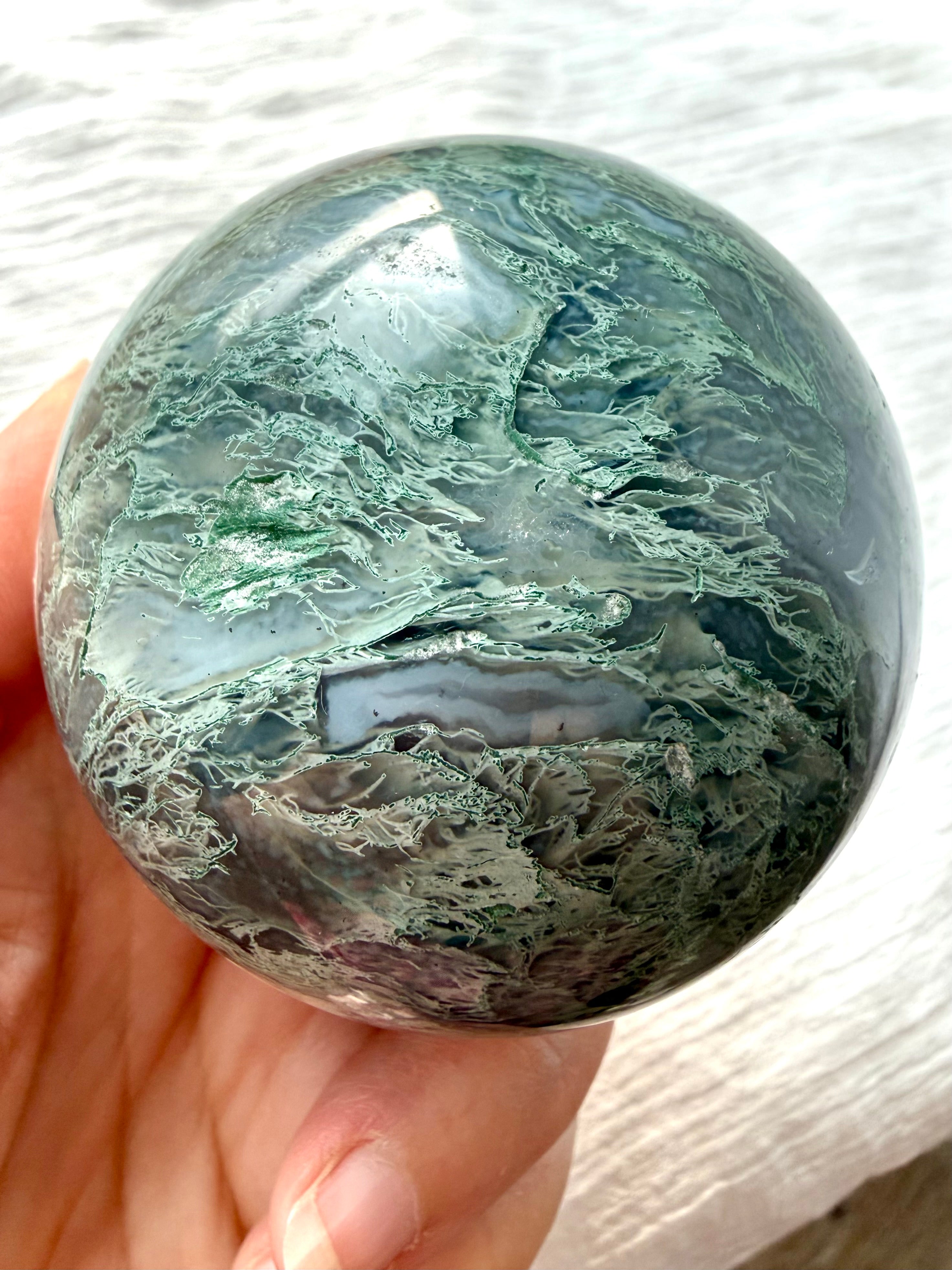 Moss Agate crystal ball with forest green dendrites, gray agate banding and crystalline Quartz