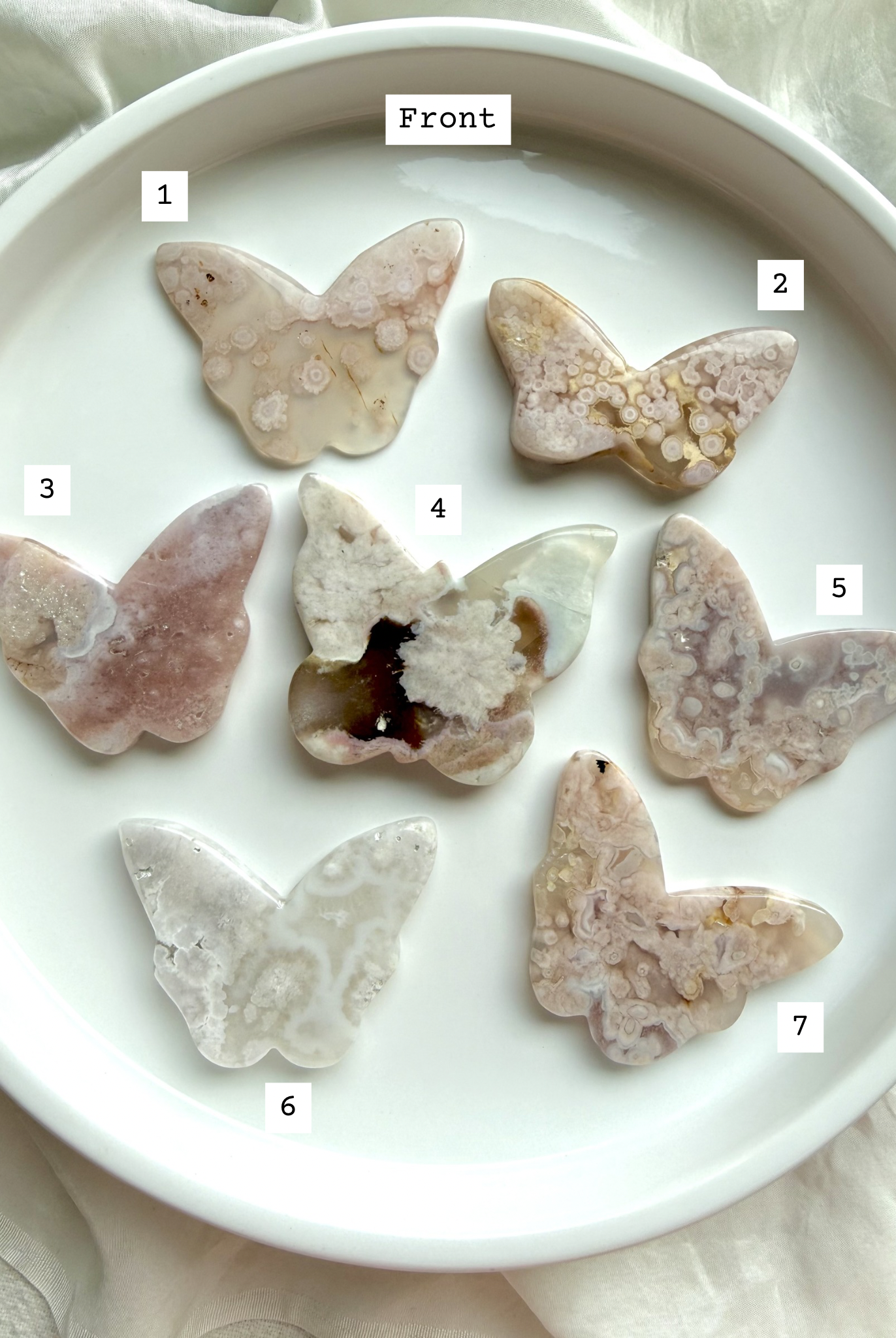 Choose your own Flower Agate butterfly crystal carving – front view of numbered pink blossom agate butterflies