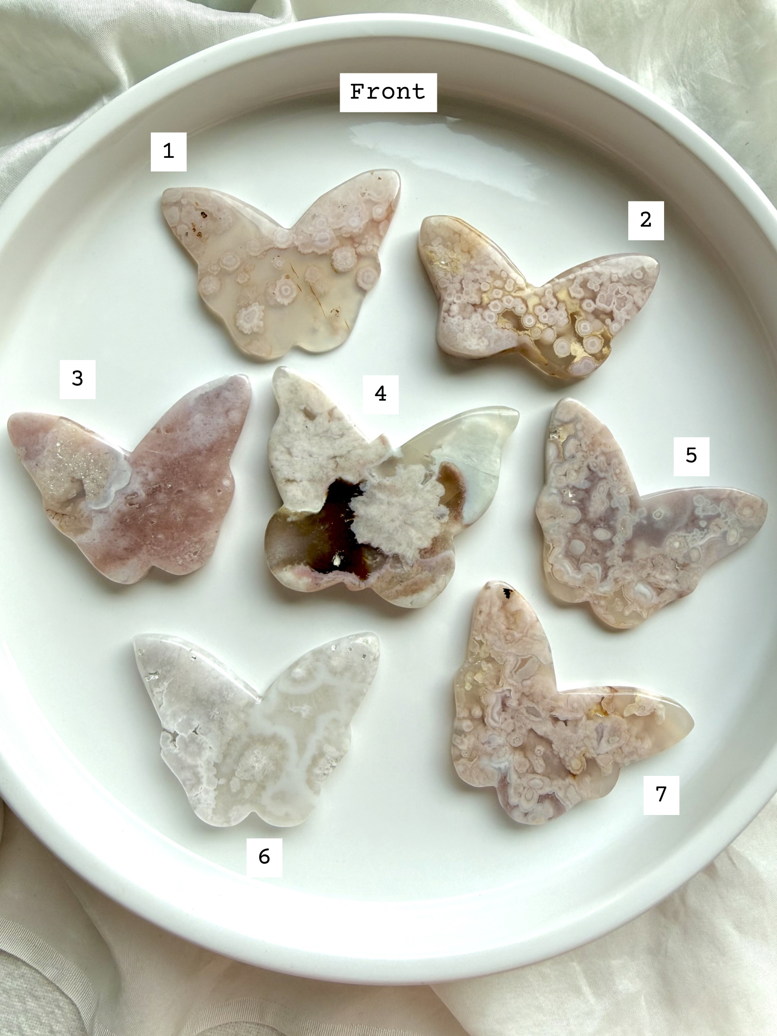 Choose your own Flower Agate butterfly crystal carving – front view of numbered pink blossom agate butterflies
