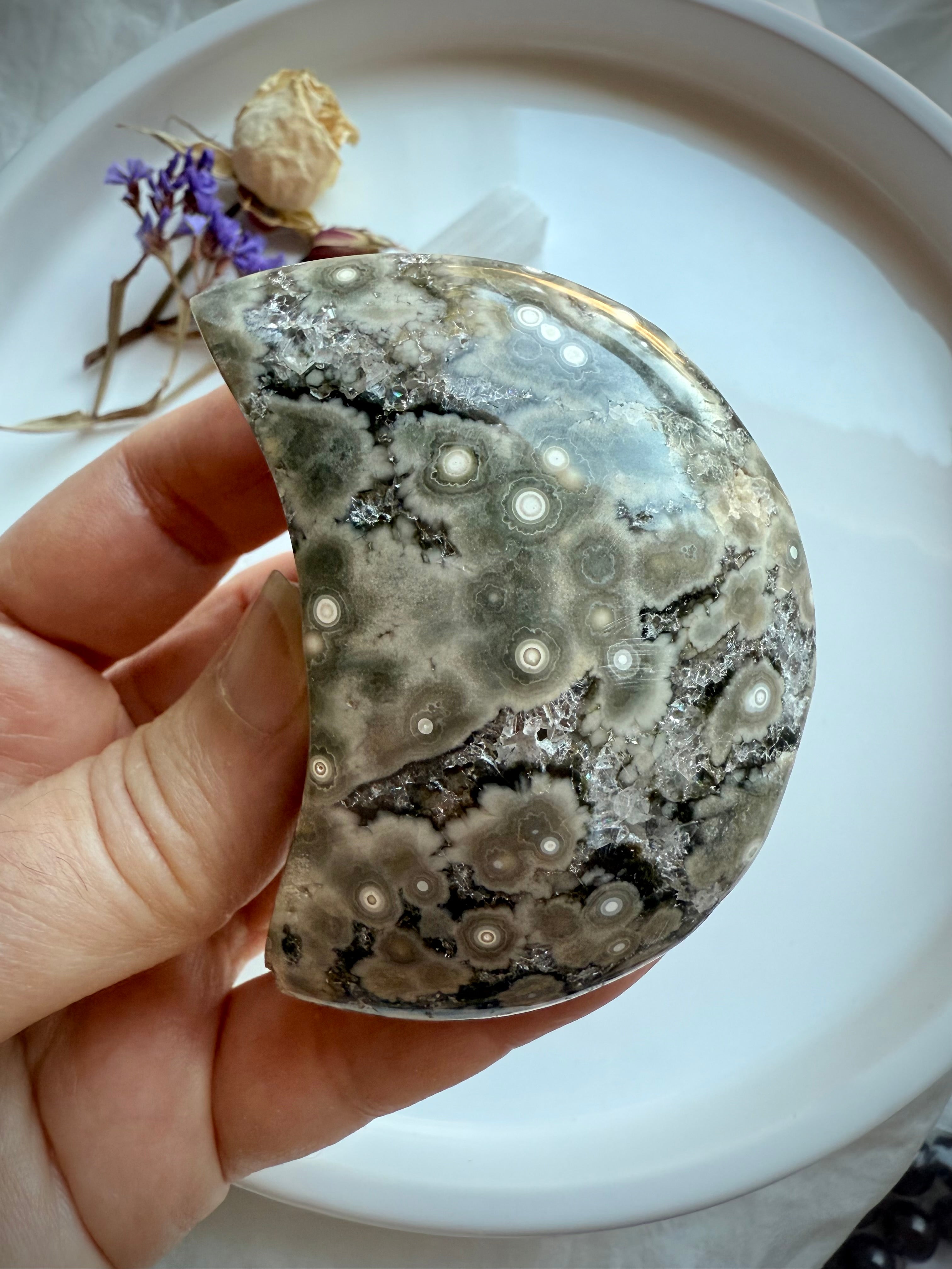 Madagascar orbicular Ocean Jasper crescent moon featuring multi-toned starburst patterns and textured druzy