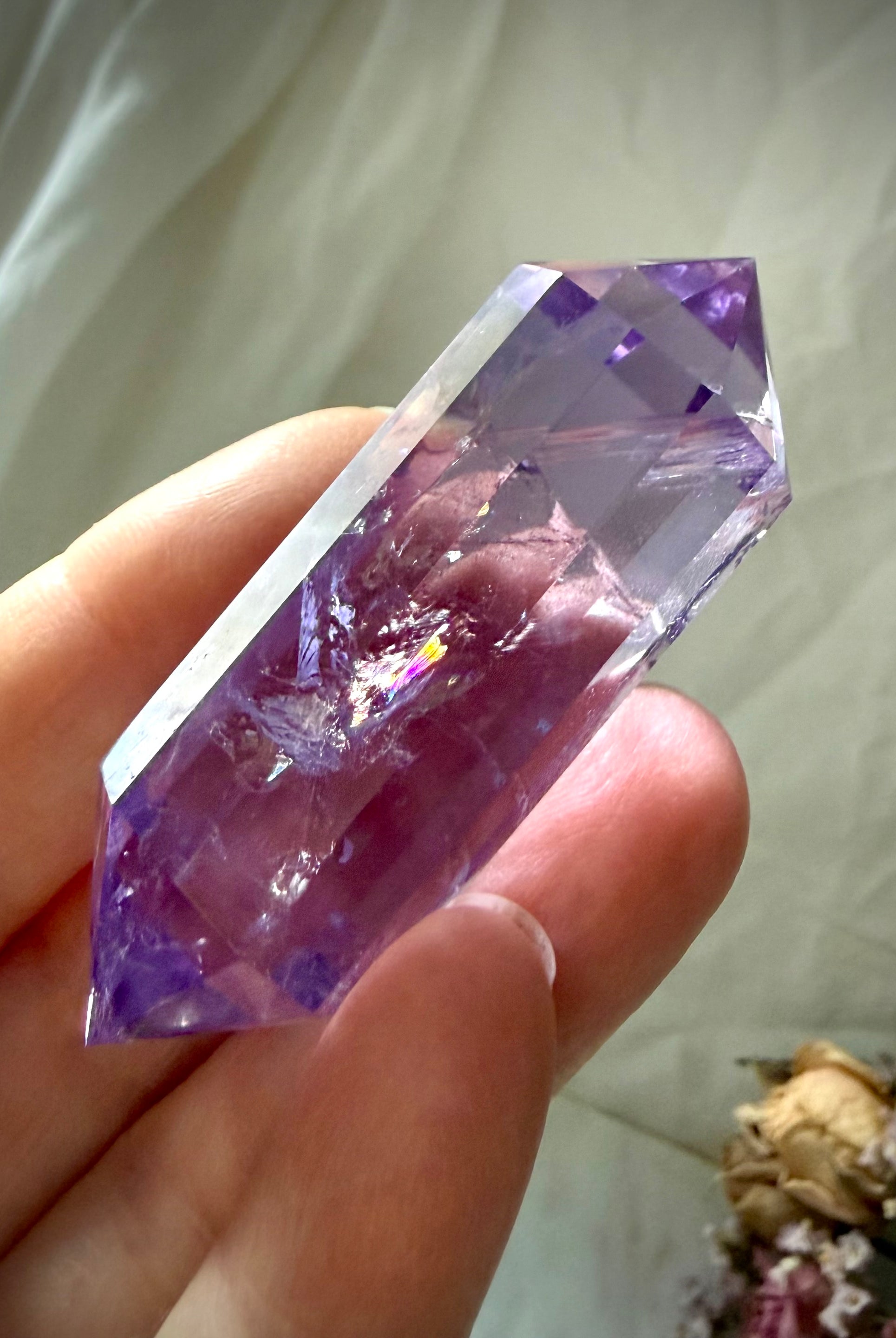 12-sided double terminated Amethyst Vogel crystal point with remarkable clarity and depth