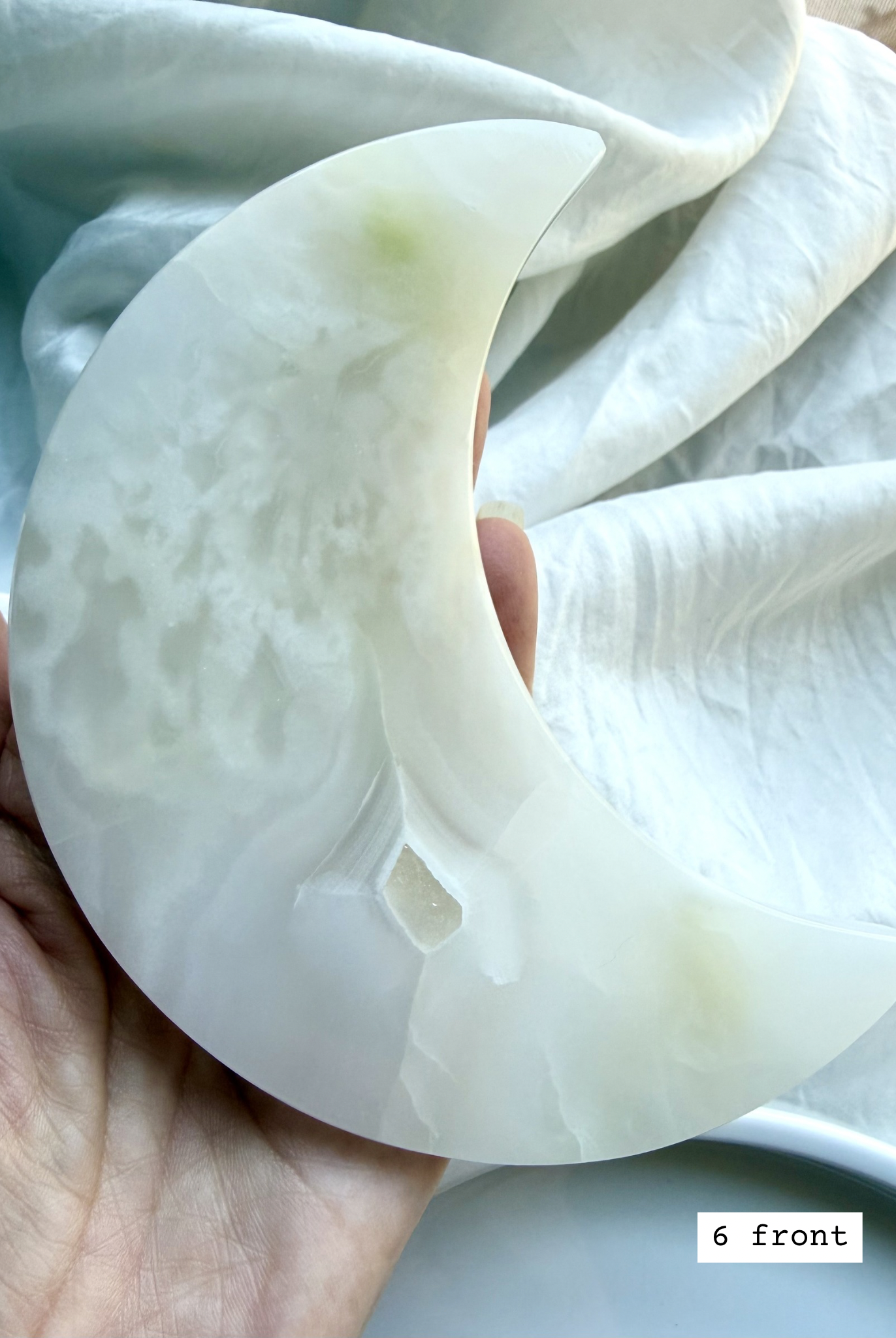 white onyx crescent moon plate # 6 front Mexican onyx crystal moon with soft white and pale green translucence