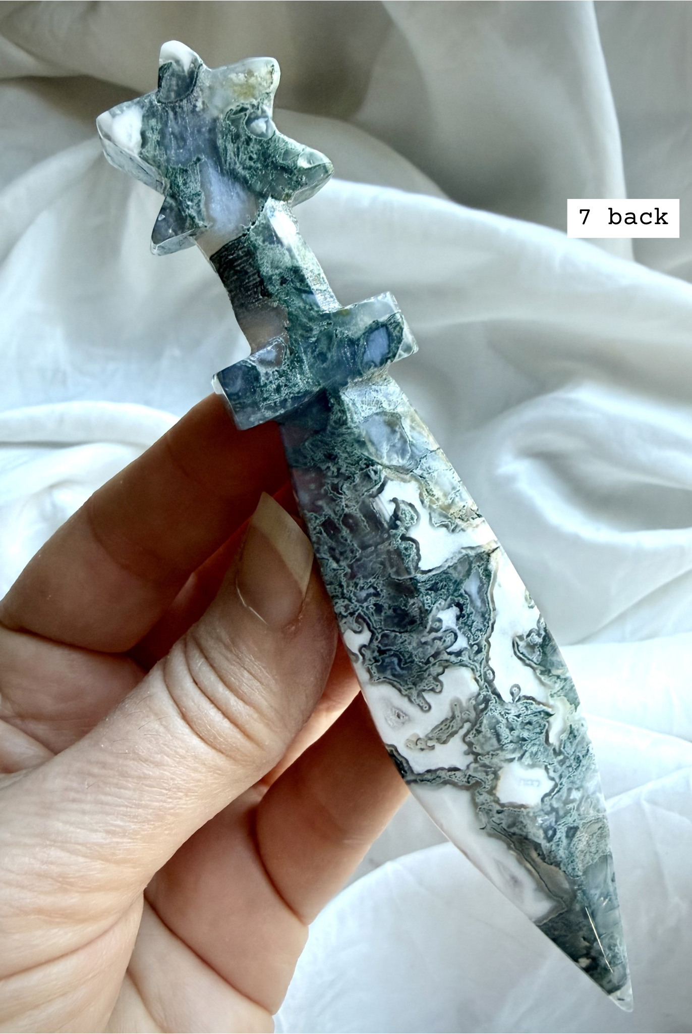 Reverse side of Moss Agate ritual knife carving with natural forest-like inclusions and glossy finish